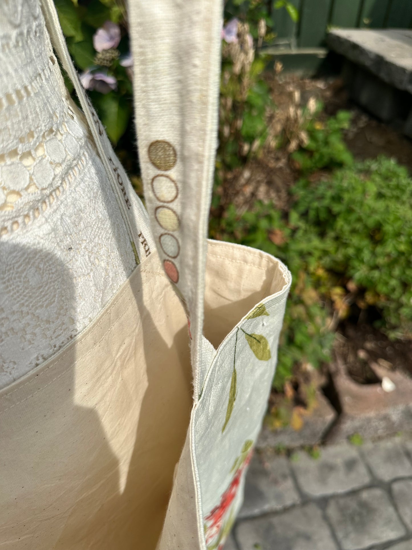 Handmade Extra Large Ivory Linen Tote Bag with Spring Floral Print