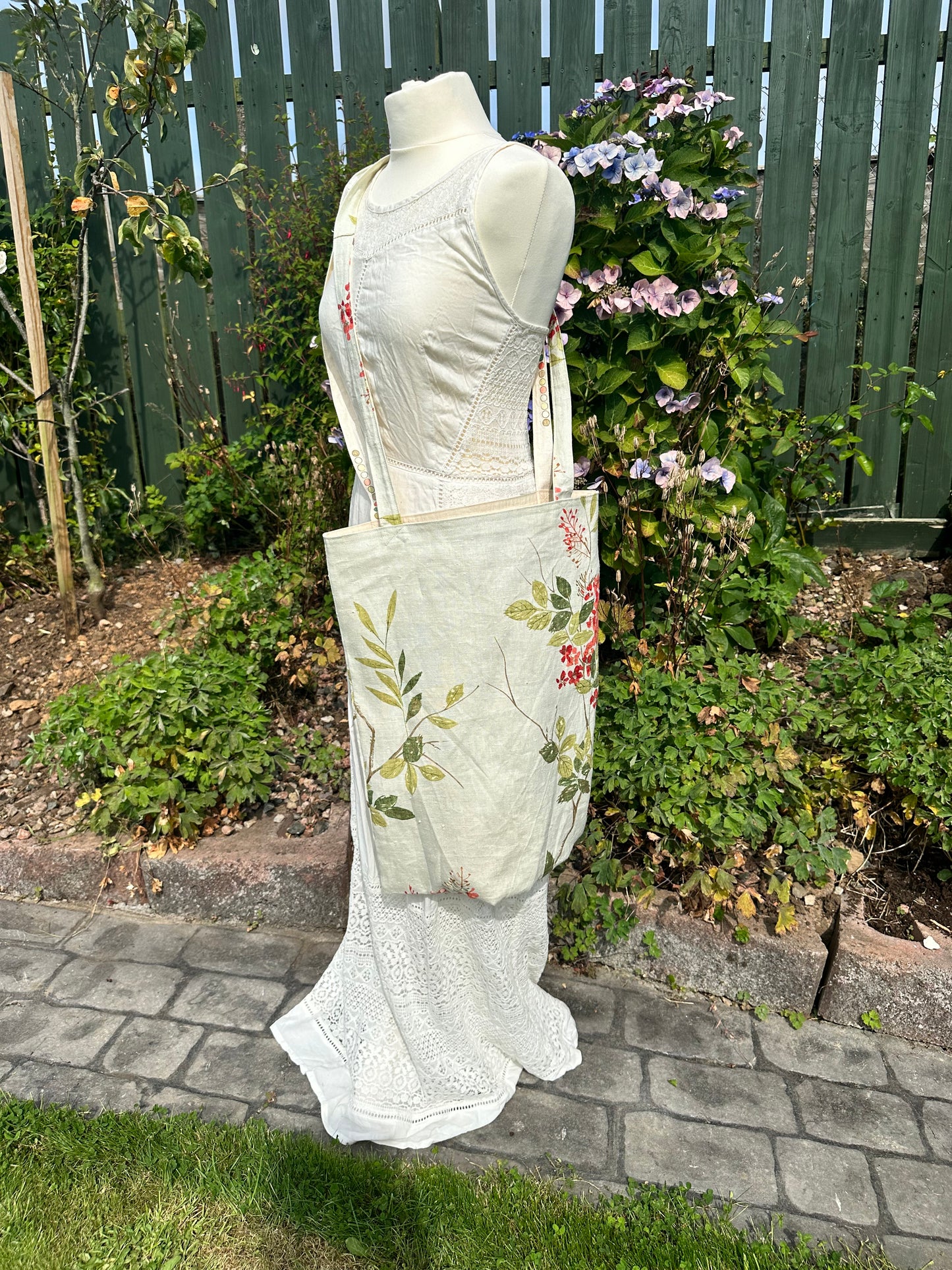 Handmade Extra Large Ivory Linen Tote Bag with Spring Floral Print