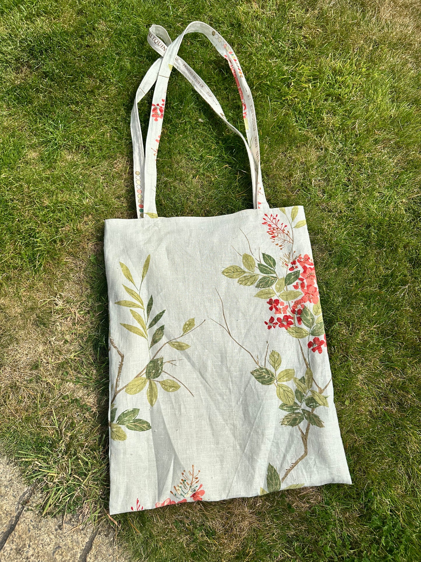 Handmade Extra Large Ivory Linen Tote Bag with Spring Floral Print