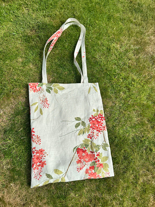Handmade Extra Large Ivory Linen Tote Bag with Spring Floral Print