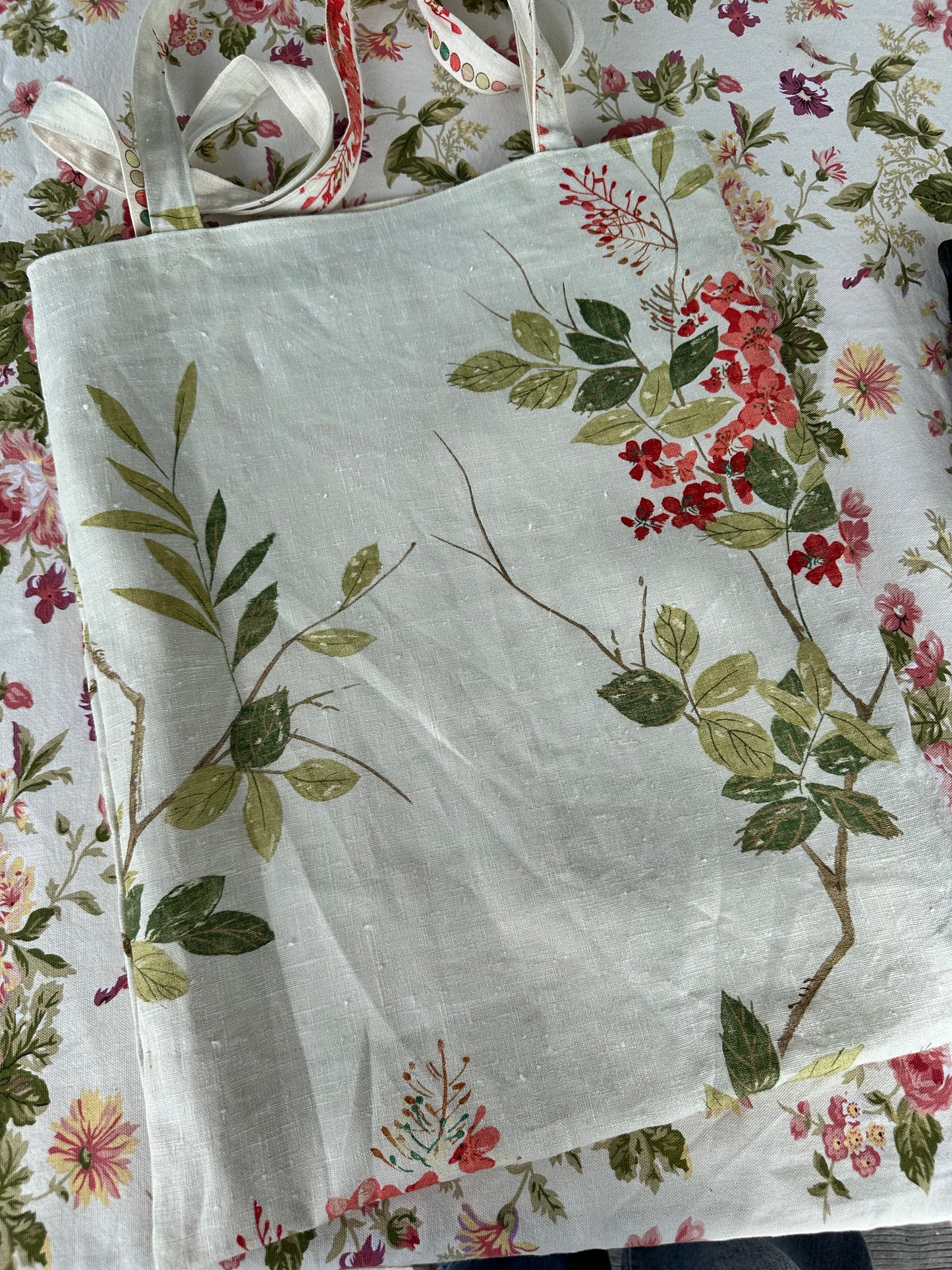 Handmade Extra Large Ivory Linen Tote Bag with Spring Floral Print