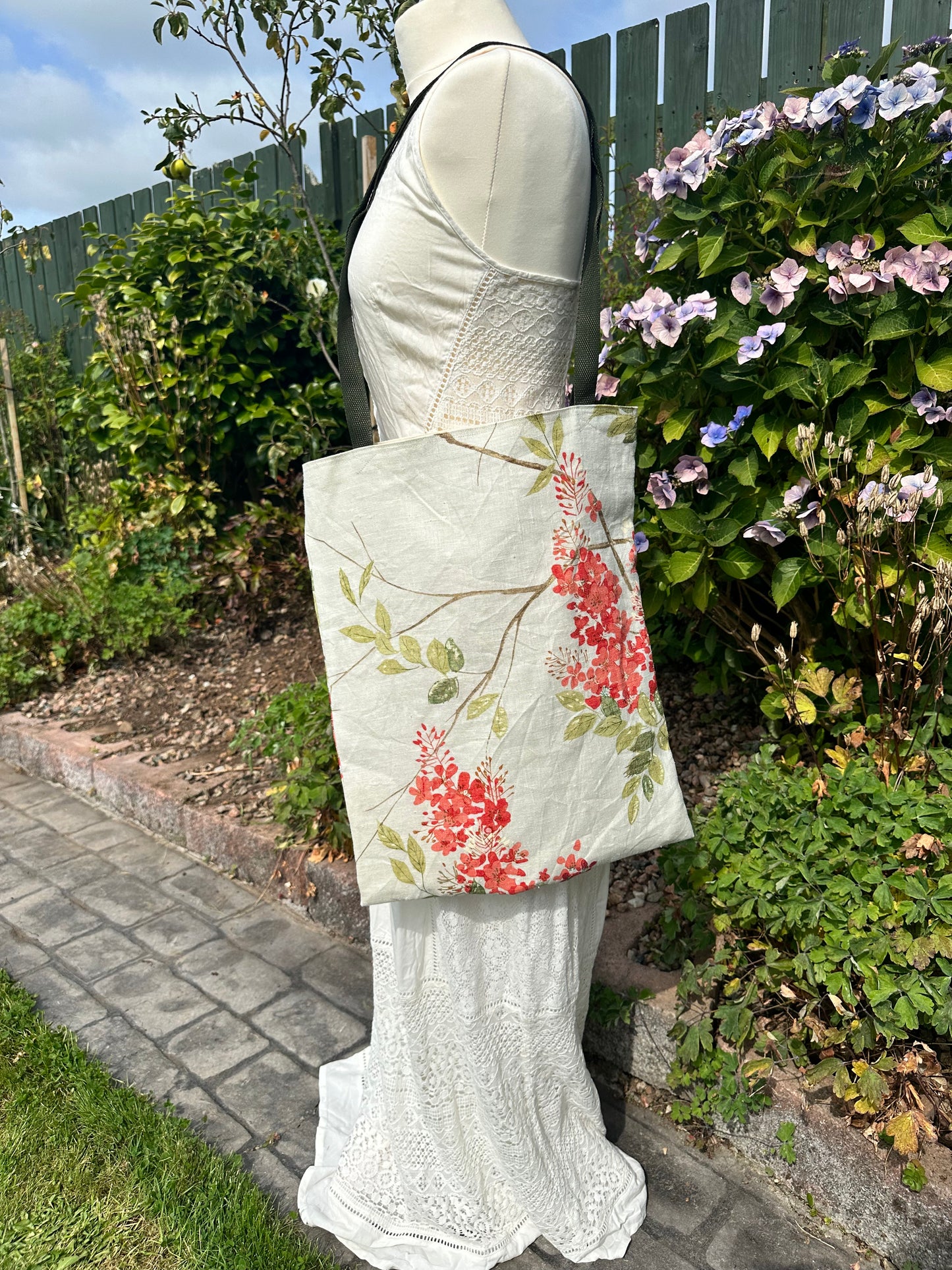 Handmade Ivory Linen Tote Bag with Spring Floral Print