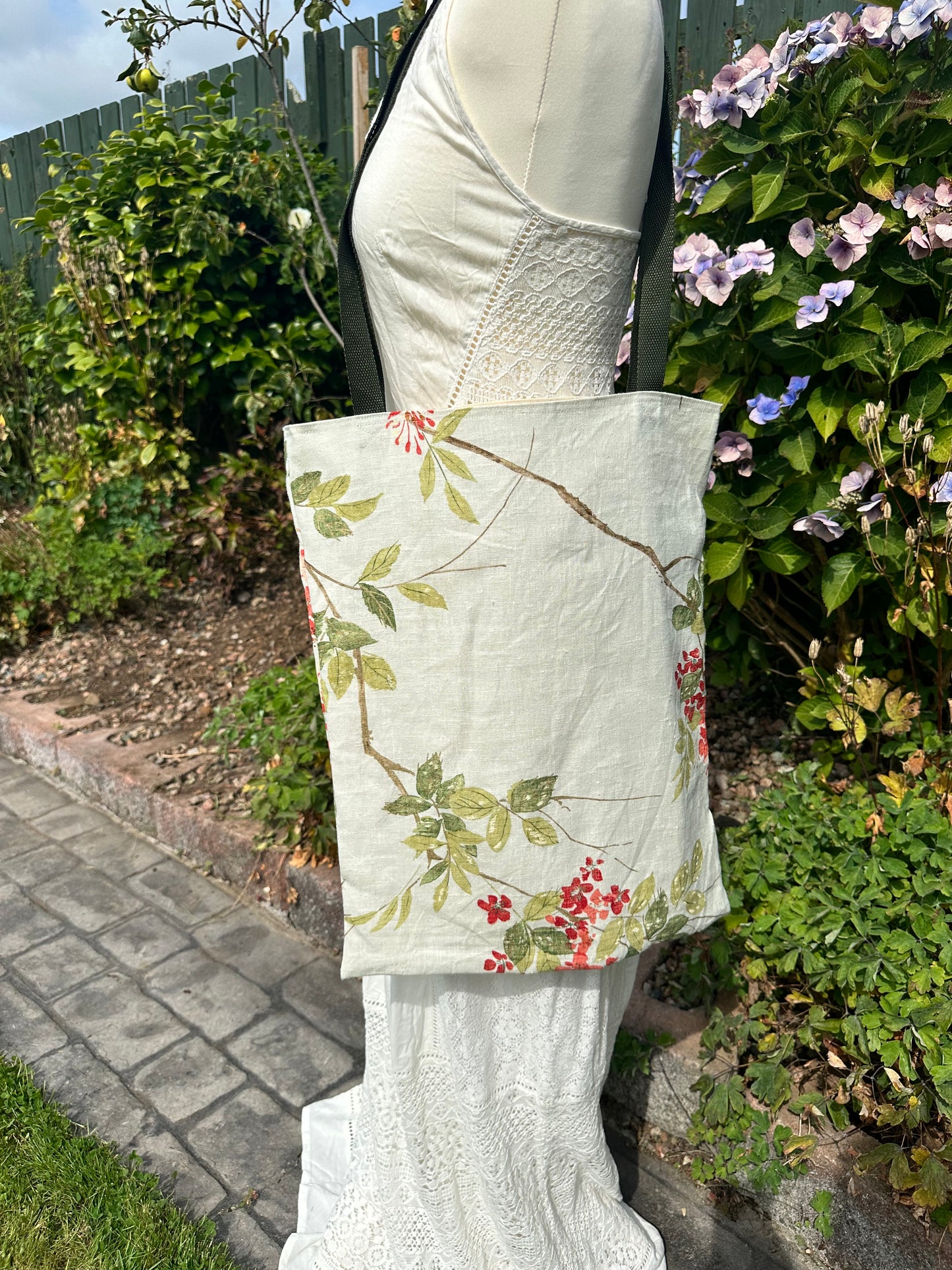 Handmade Ivory Linen Tote Bag with Spring Floral Print