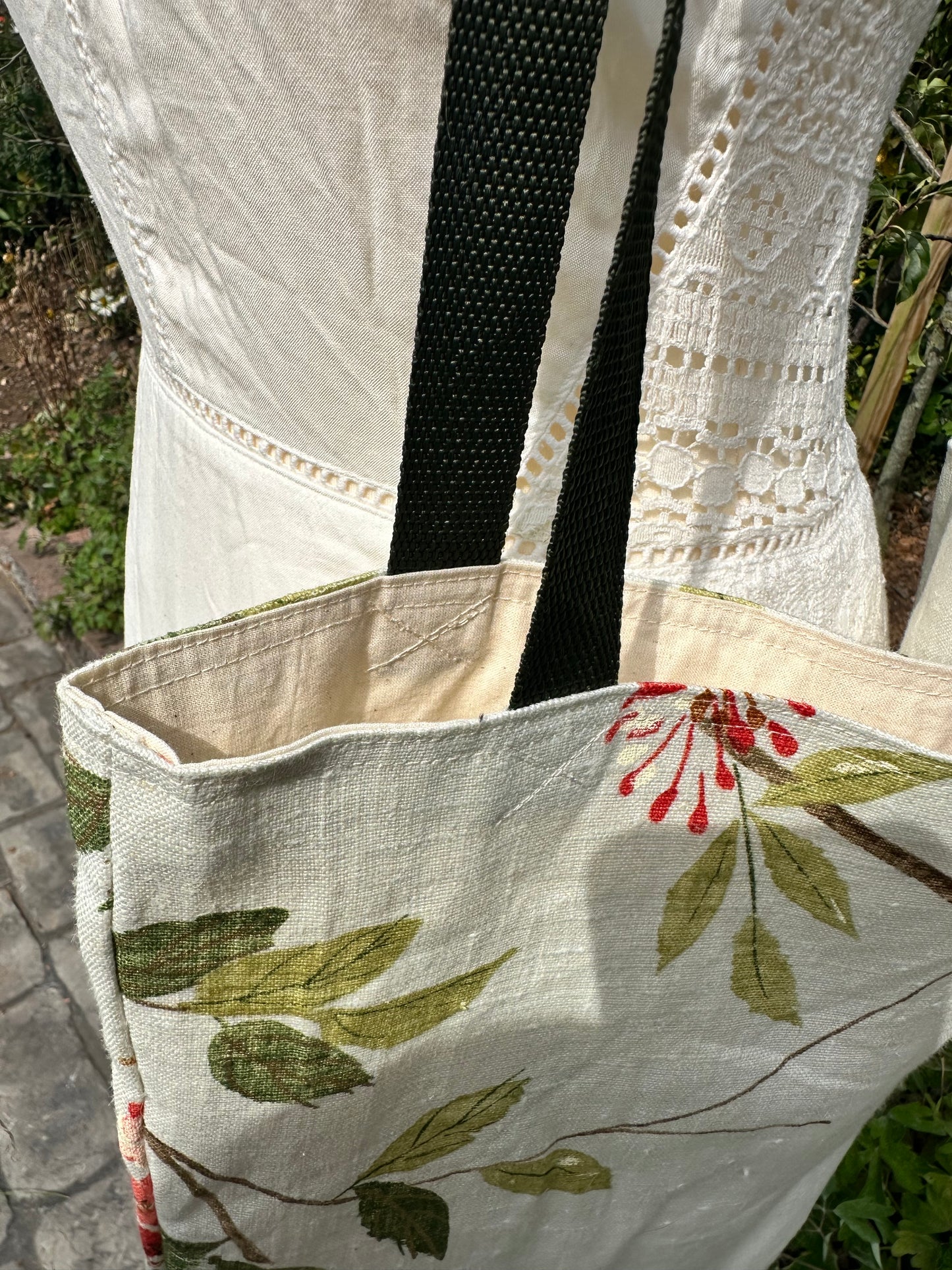 Handmade Ivory Linen Tote Bag with Spring Floral Print