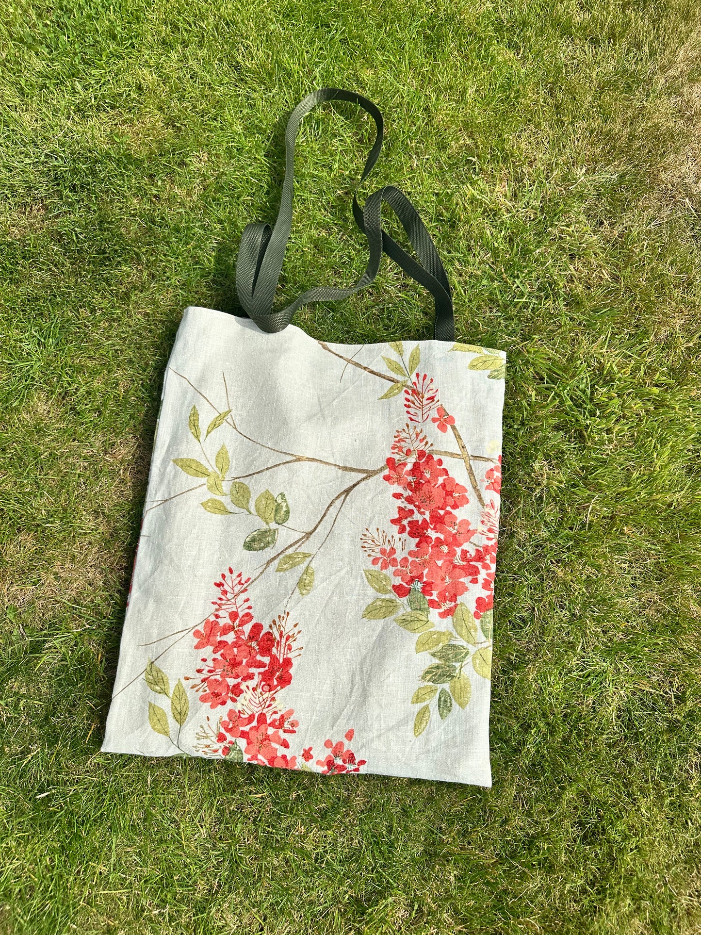 Handmade Ivory Linen Tote Bag with Spring Floral Print