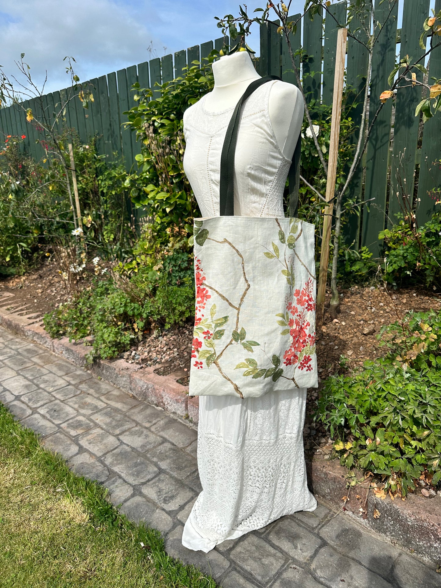 Handmade Ivory Linen Tote Bag with Spring Floral Print