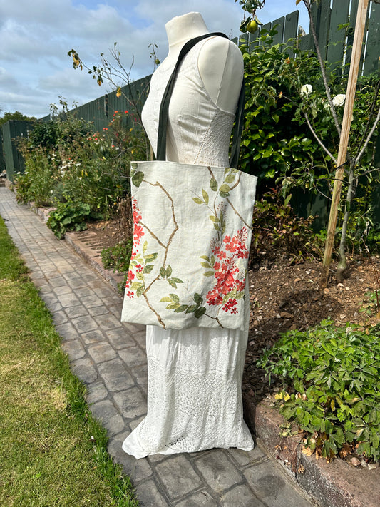 Handmade Ivory Linen Tote Bag with Spring Floral Print