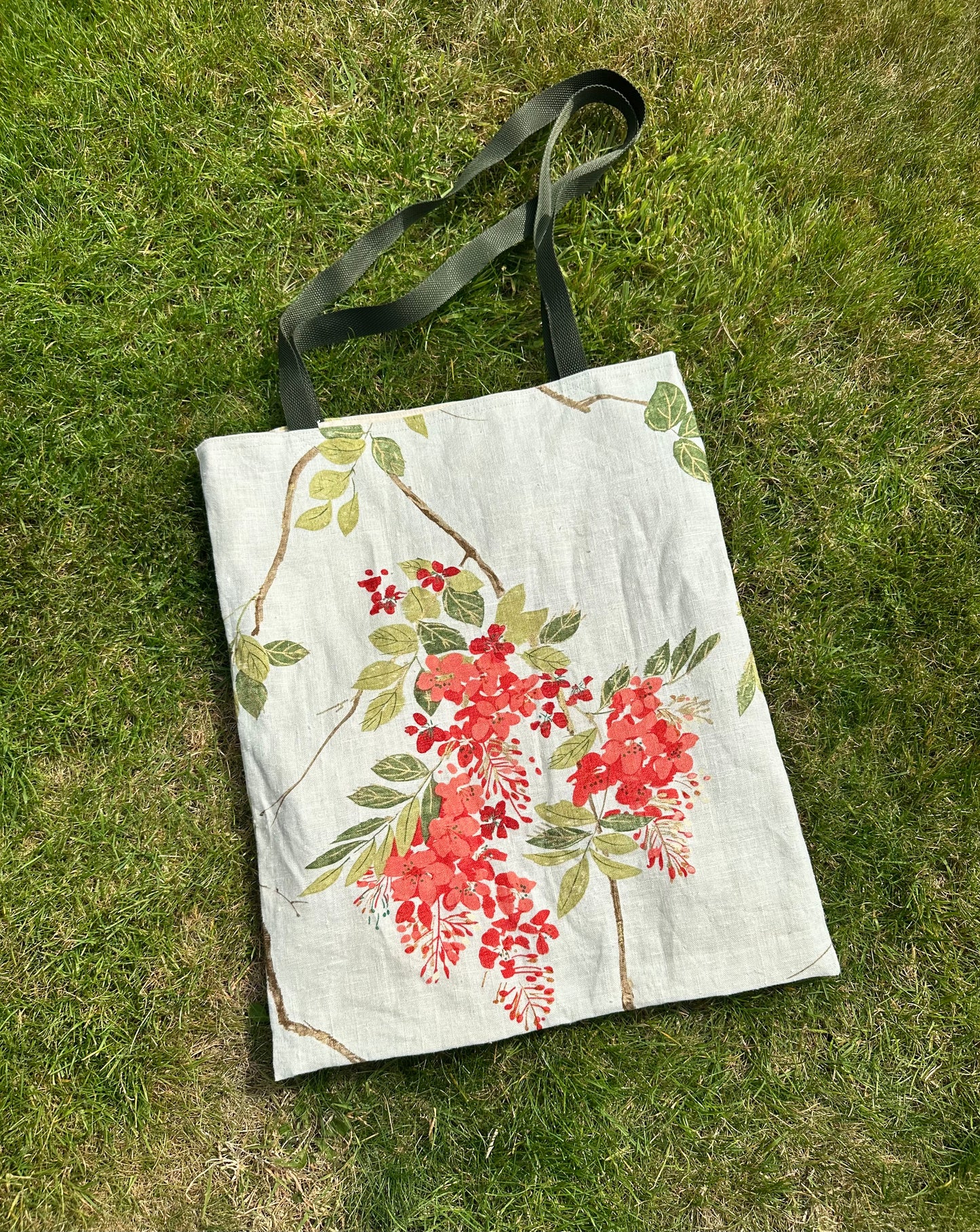 Handmade Ivory Linen Tote Bag with Spring Floral Print