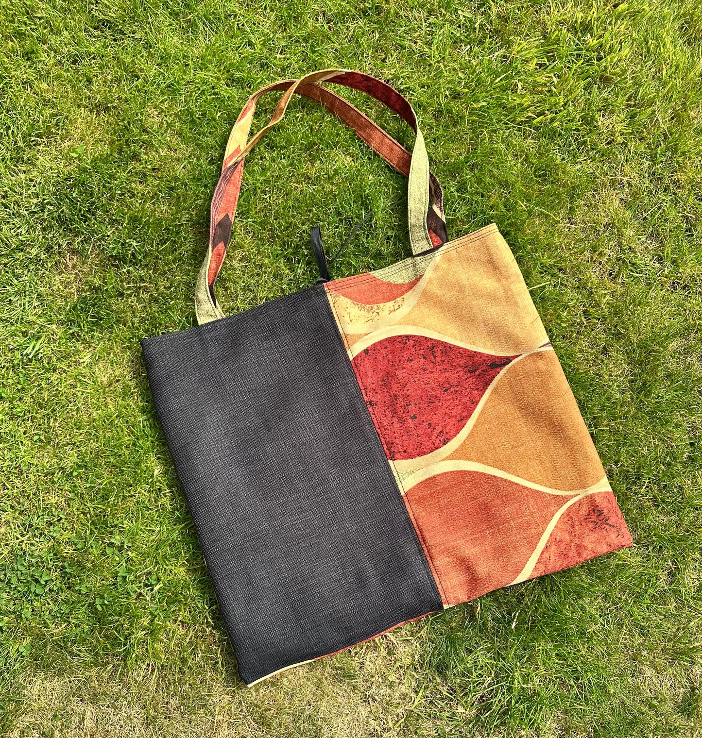 Handmade Black Cotton Tote Bag with Bold Autumnal Print  - Vertical Panel Design