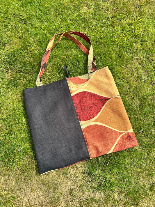 Handmade Black Cotton Tote Bag with Bold Autumnal Print  - Vertical Panel Design