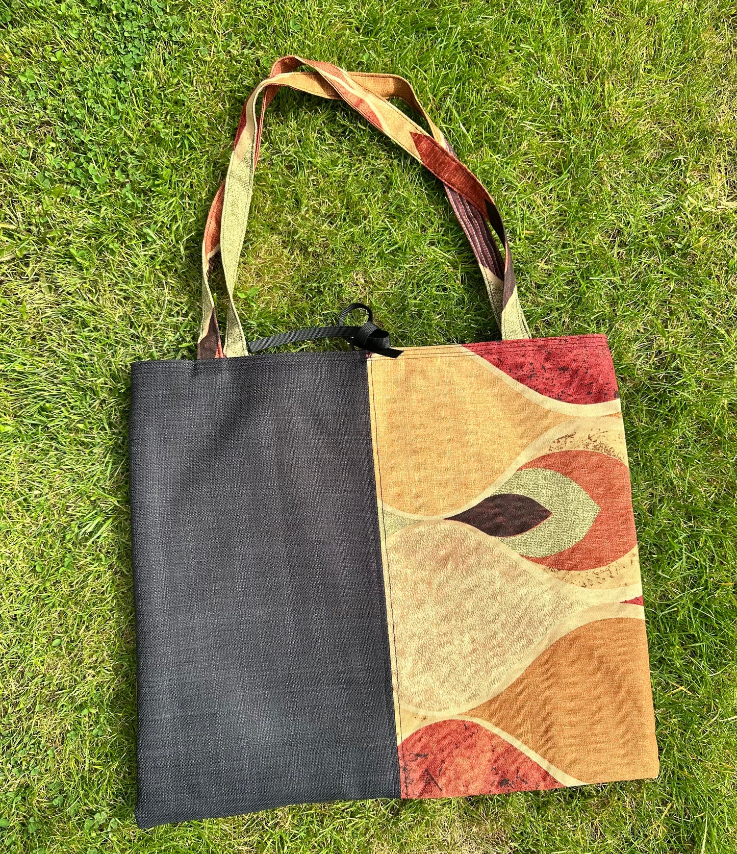 Handmade Black Cotton Tote Bag with Bold Autumnal Print  - Vertical Panel Design