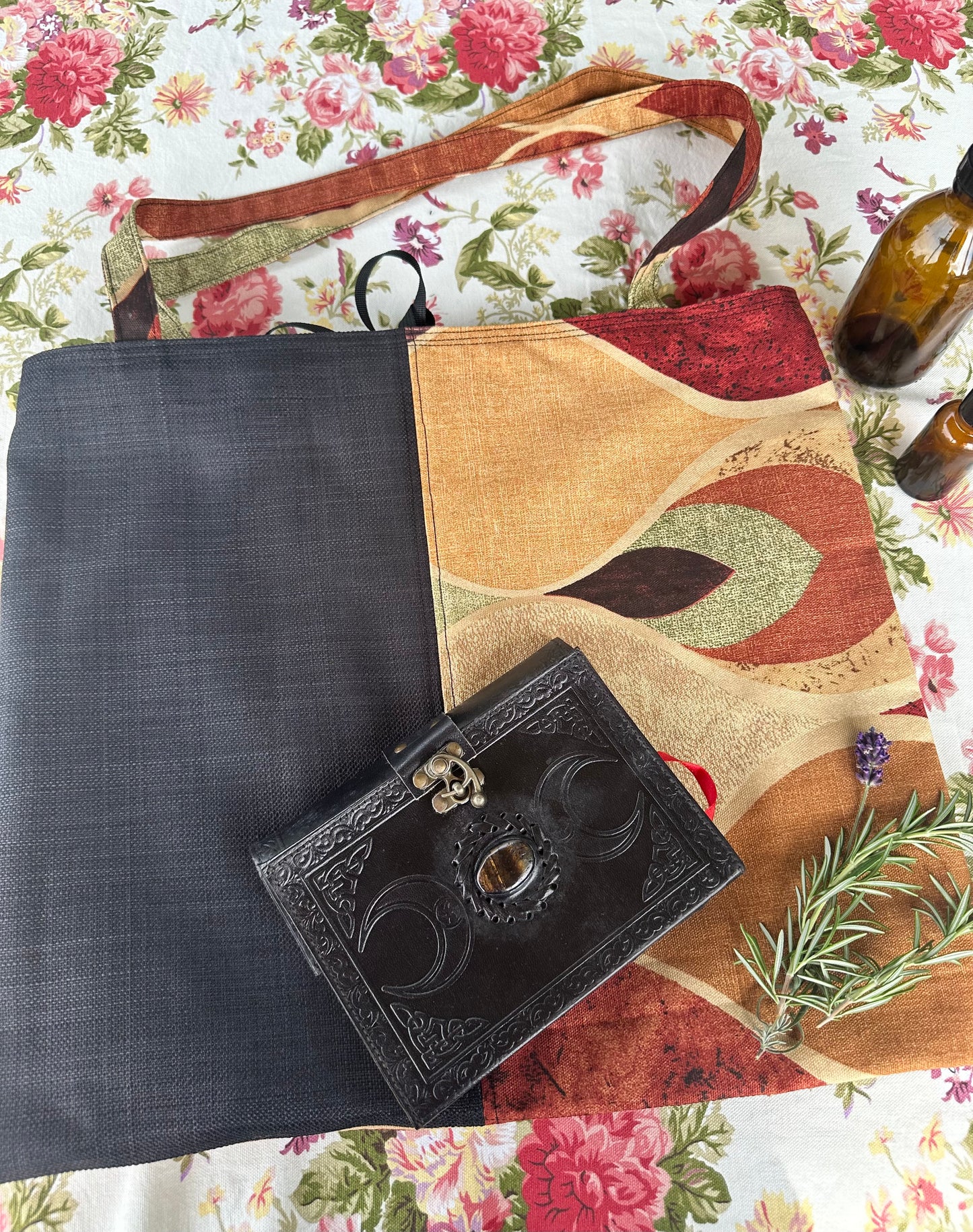 Handmade Black Cotton Tote Bag with Bold Autumnal Print  - Vertical Panel Design