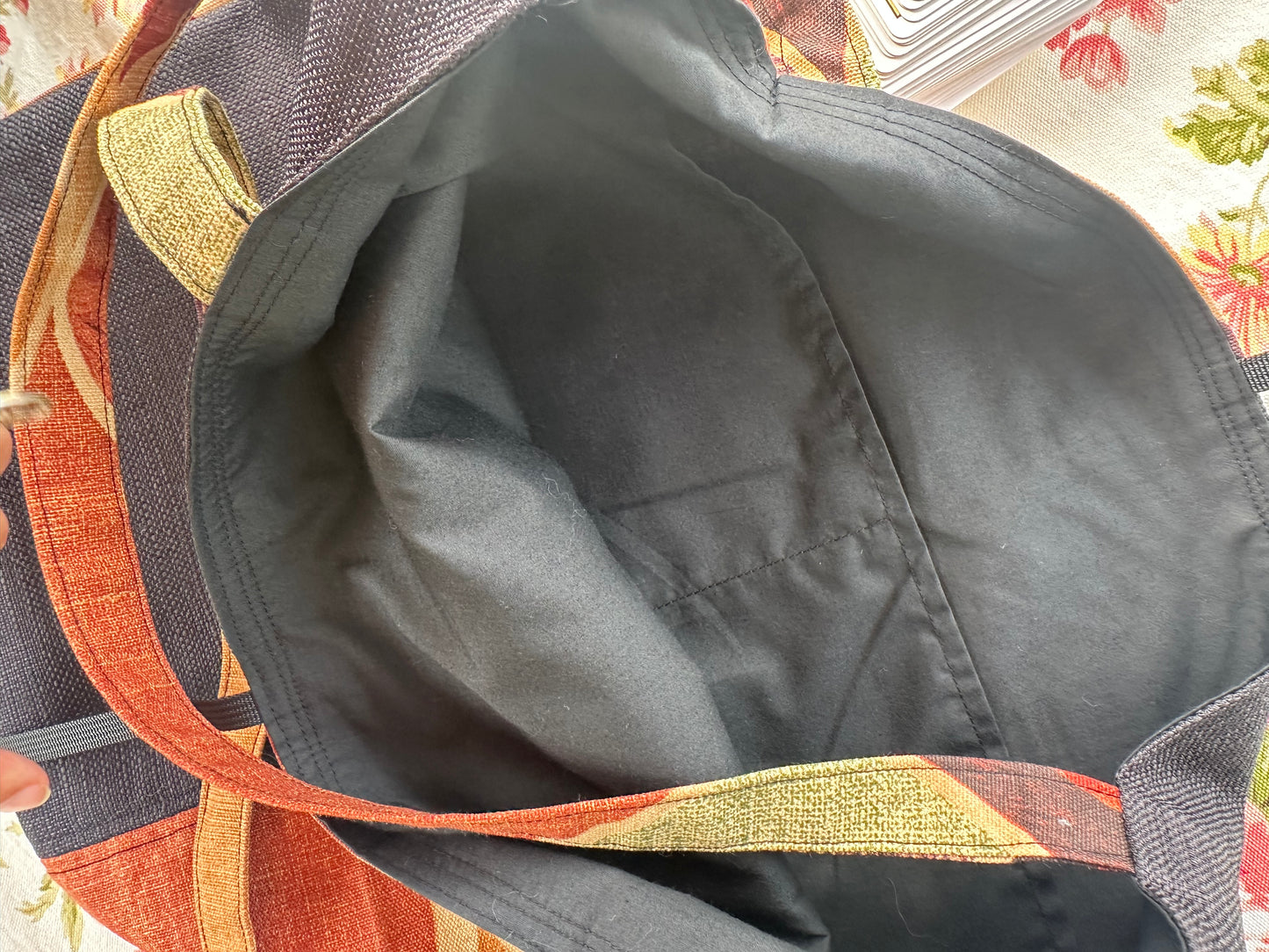 Handmade Black Cotton Tote Bag with Bold Autumnal Print  - Vertical Panel Design