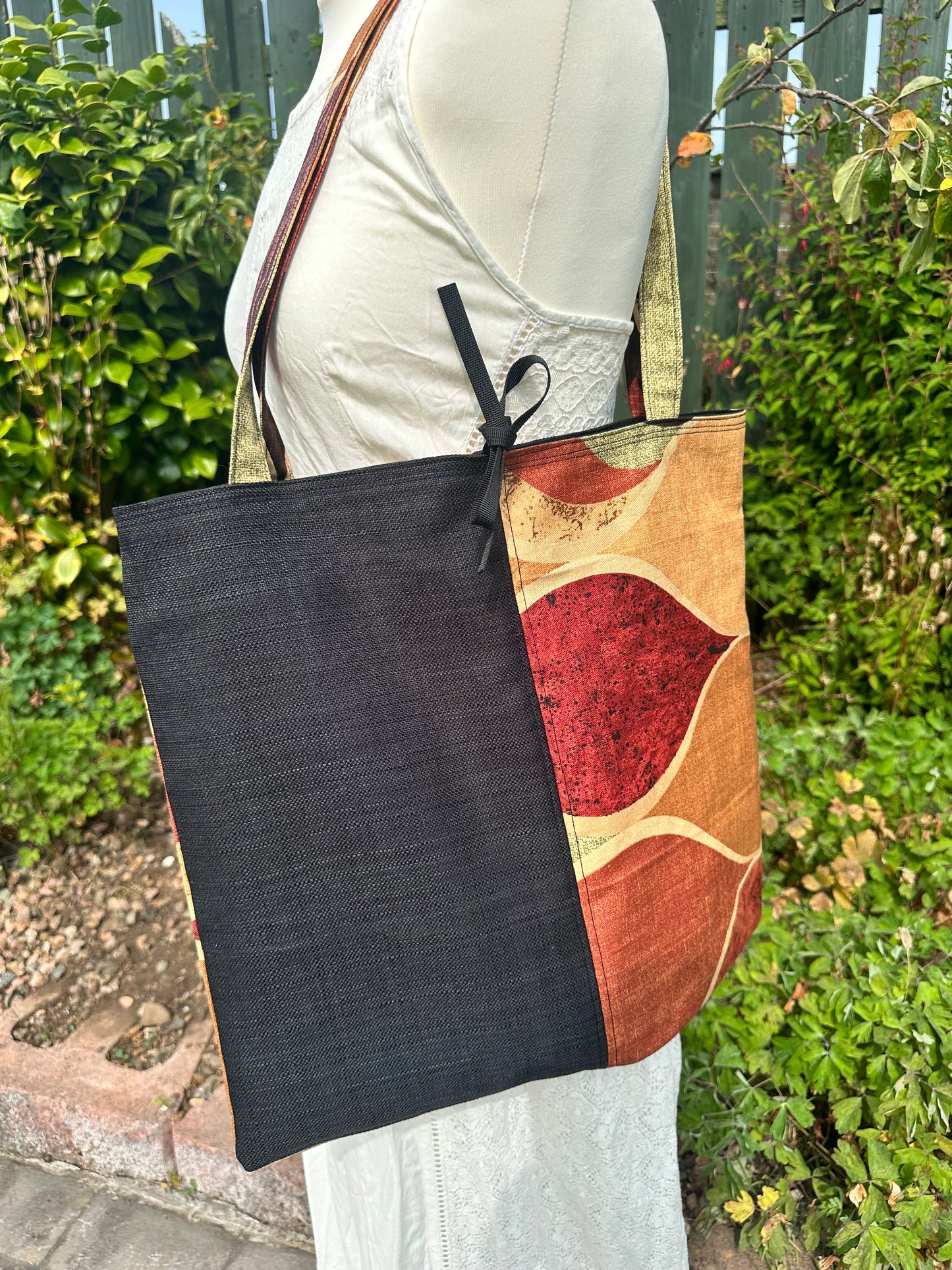 Handmade Black Cotton Tote Bag with Bold Autumnal Print  - Vertical Panel Design