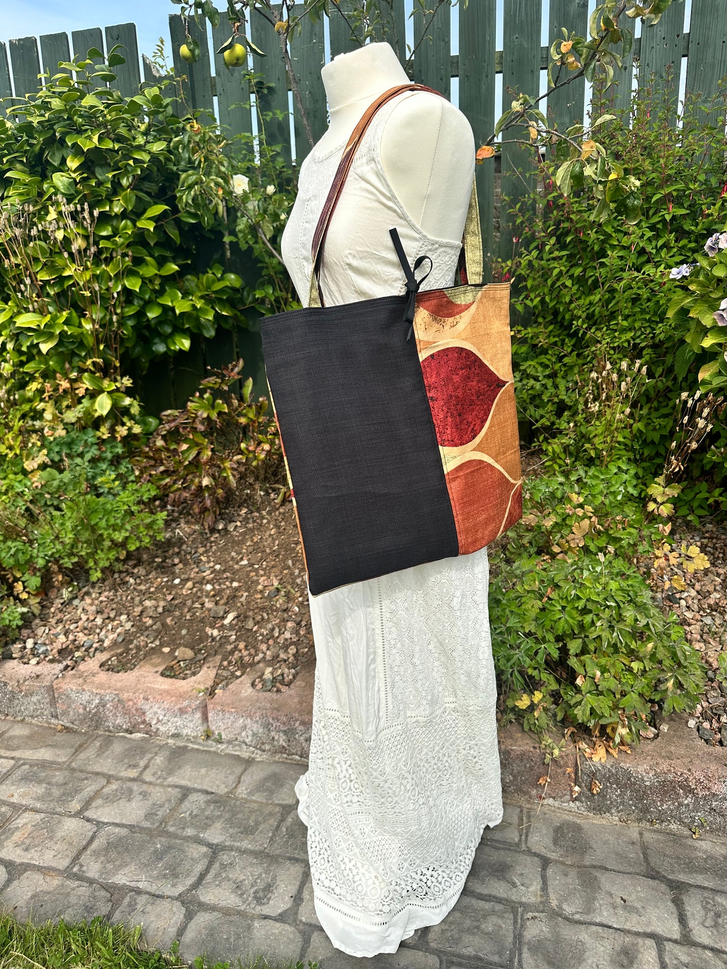 Handmade Black Cotton Tote Bag with Bold Autumnal Print  - Vertical Panel Design