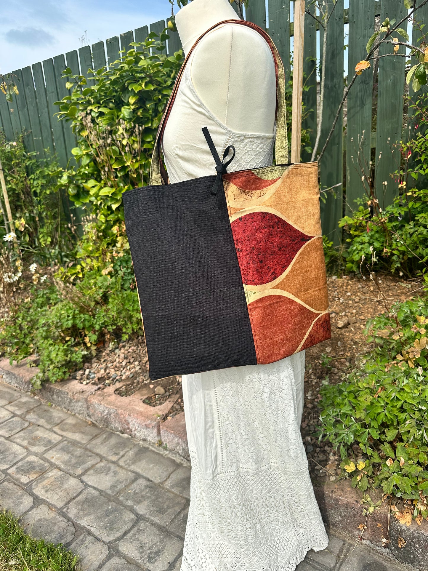 Handmade Black Cotton Tote Bag with Bold Autumnal Print  - Vertical Panel Design