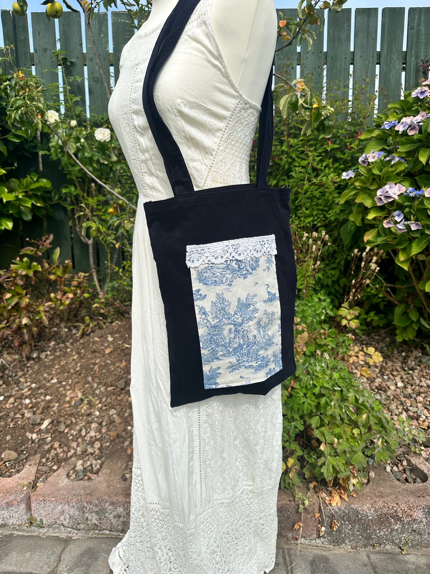 Small Handmade Book Bag in Navy Needlecord and Toile de Jouy Cotton