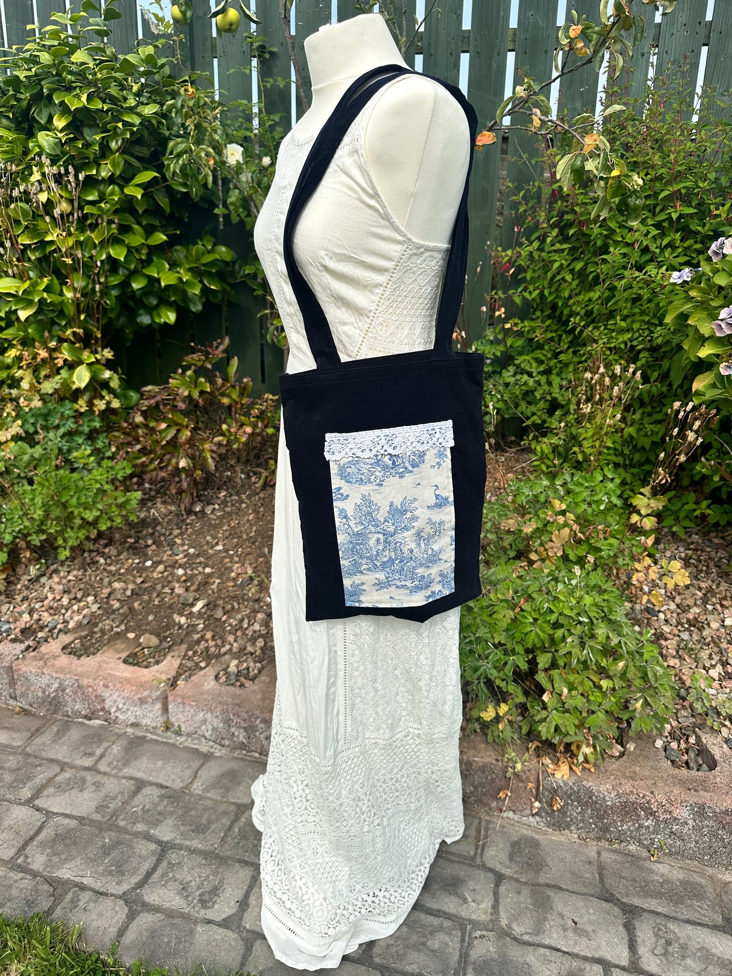 Small Handmade Book Bag in Navy Needlecord and Toile de Jouy Cotton