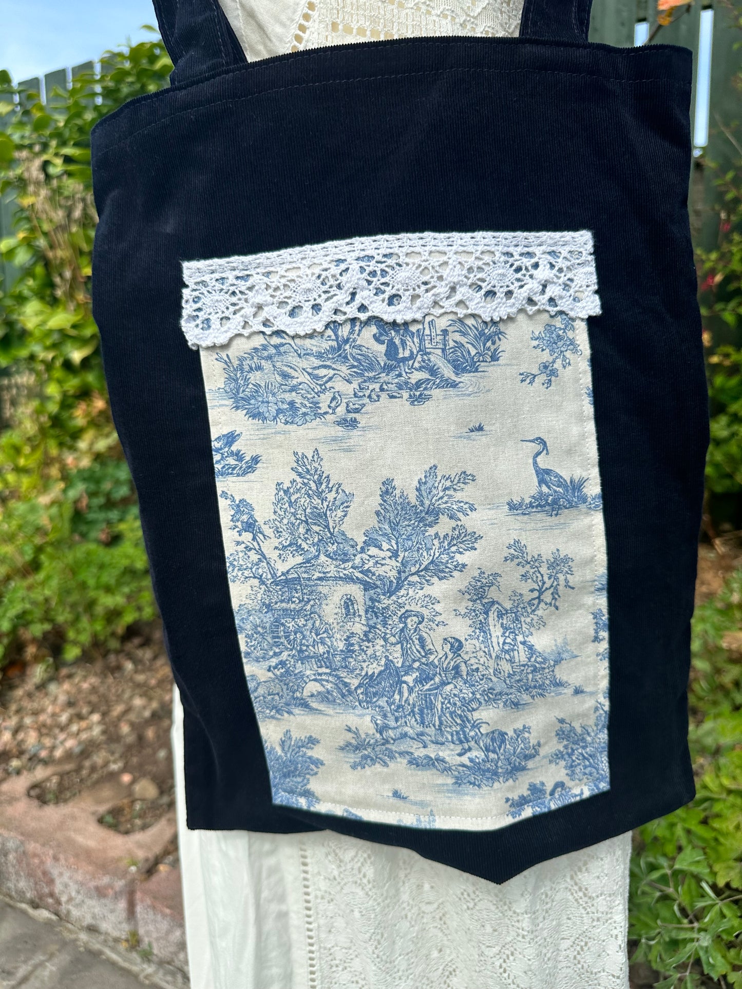 Small Handmade Book Bag in Navy Needlecord and Toile de Jouy Cotton