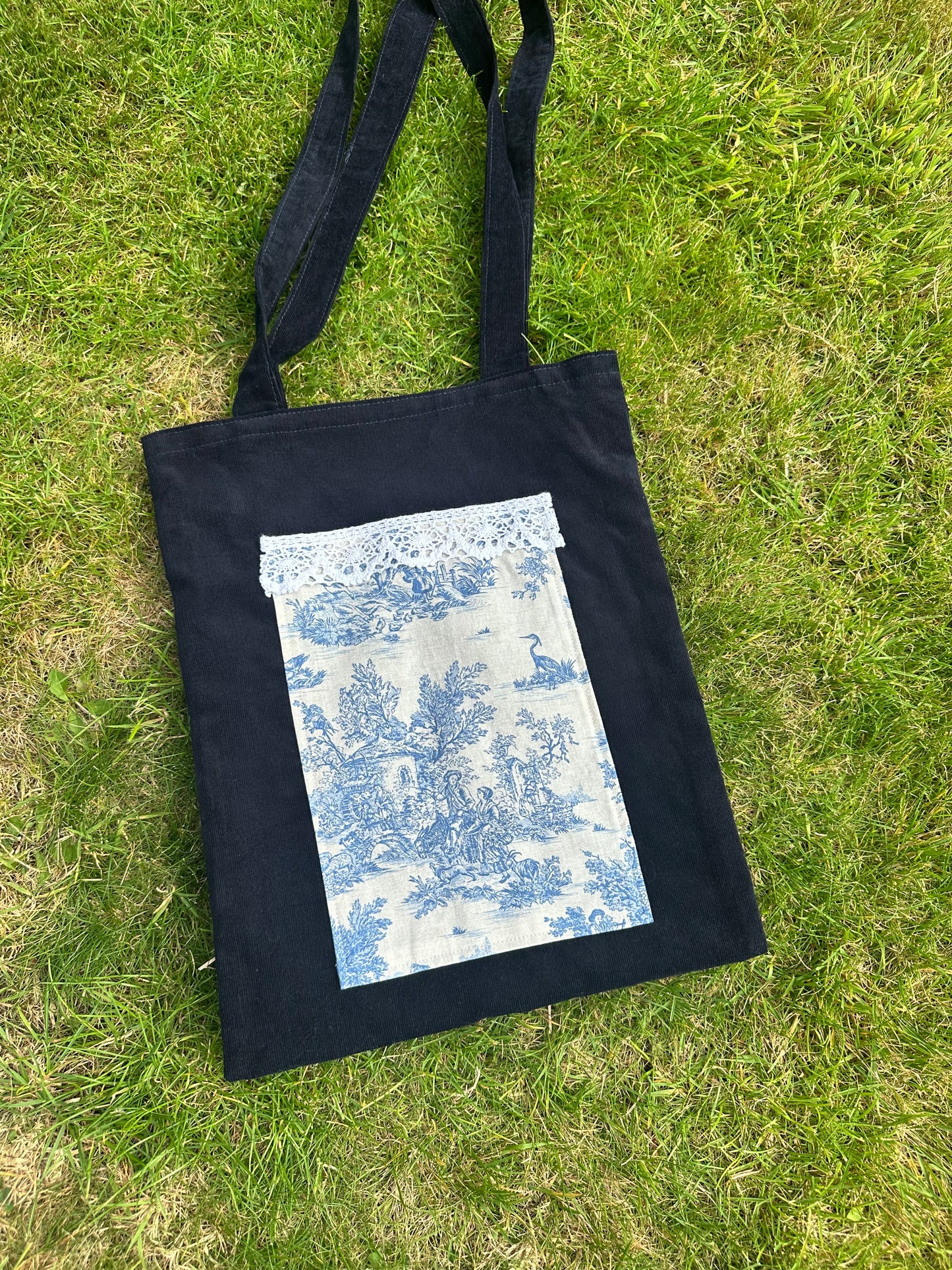 Small Handmade Book Bag in Navy Needlecord and Toile de Jouy Cotton