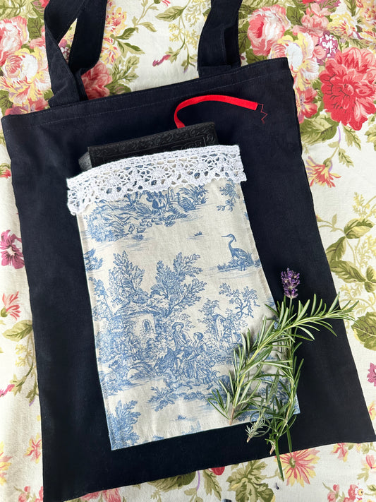 Small Handmade Book Bag in Navy Needlecord and Toile de Jouy Cotton