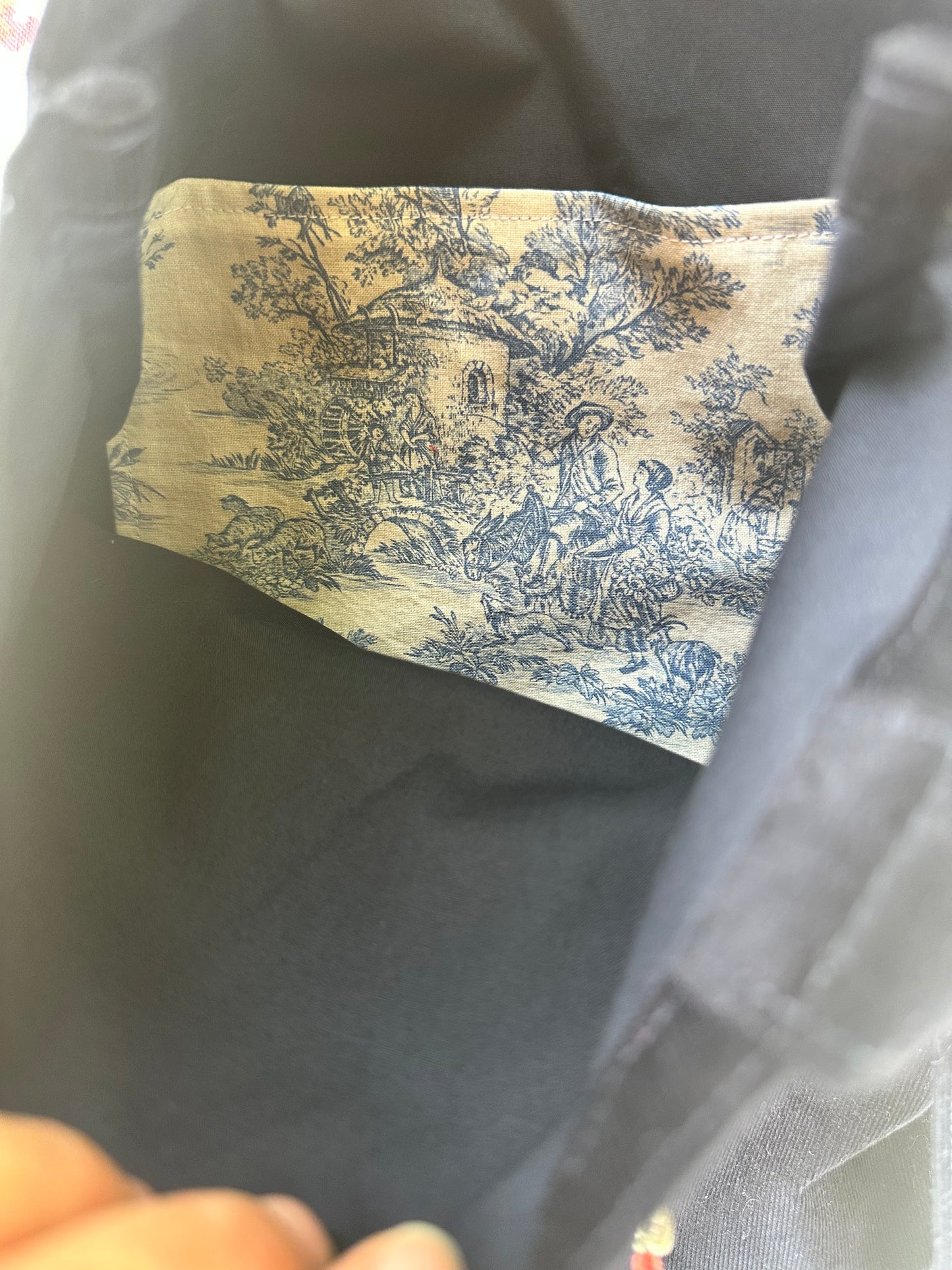 Small Handmade Book Bag in Navy Needlecord and Toile de Jouy Cotton