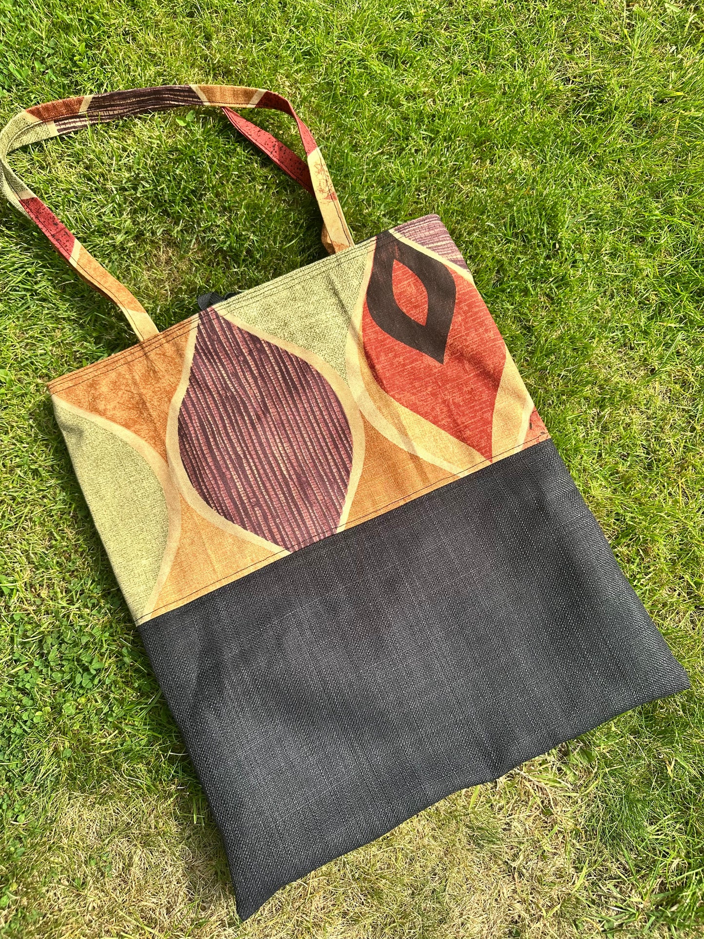 Handmade Black Cotton Tote Bag with Bold Autumnal Print