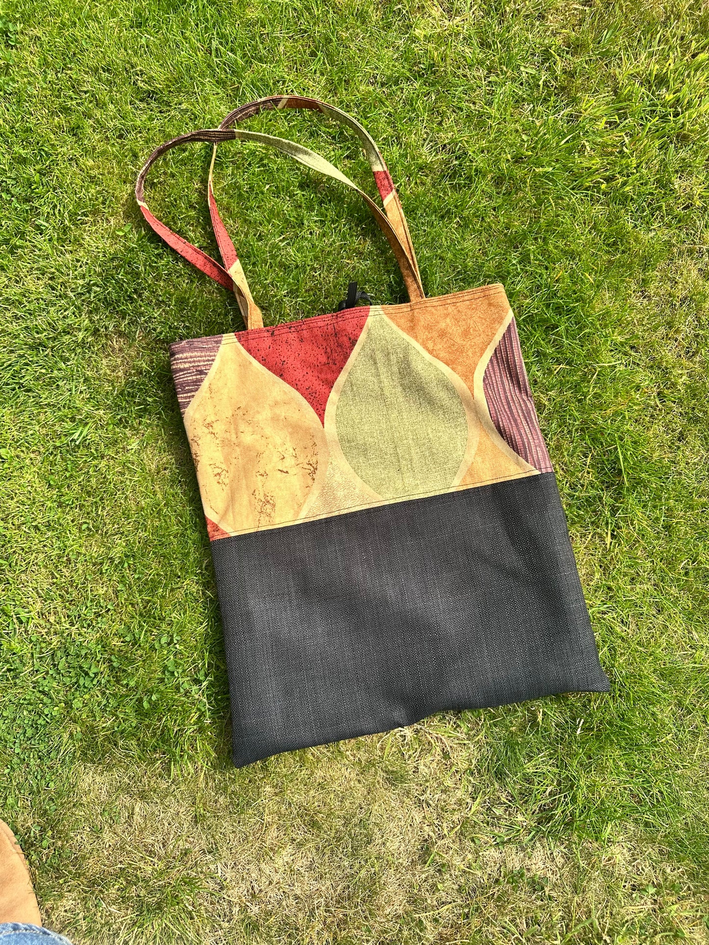 Handmade Black Cotton Tote Bag with Bold Autumnal Print