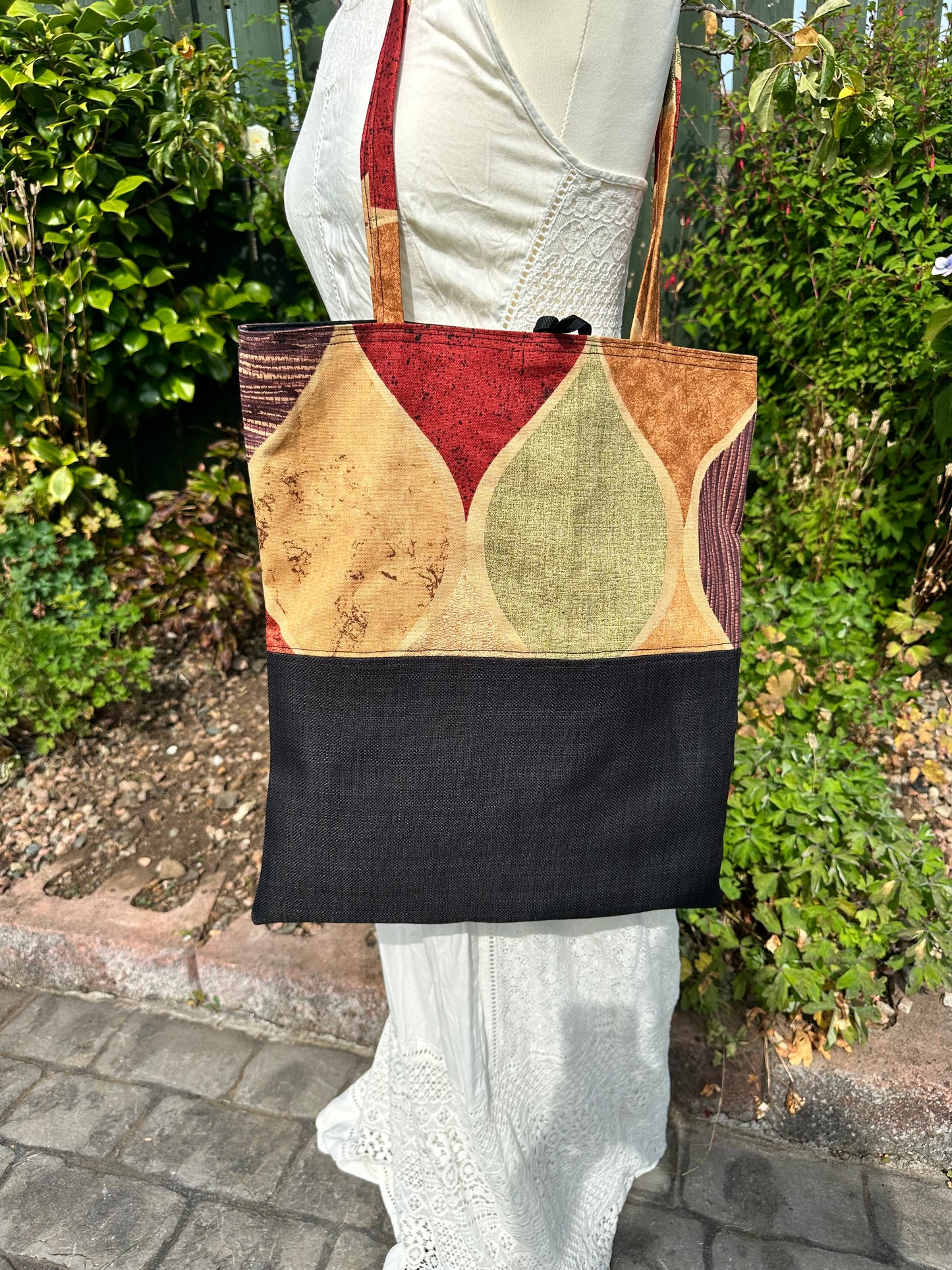 Handmade Black Cotton Tote Bag with Bold Autumnal Print