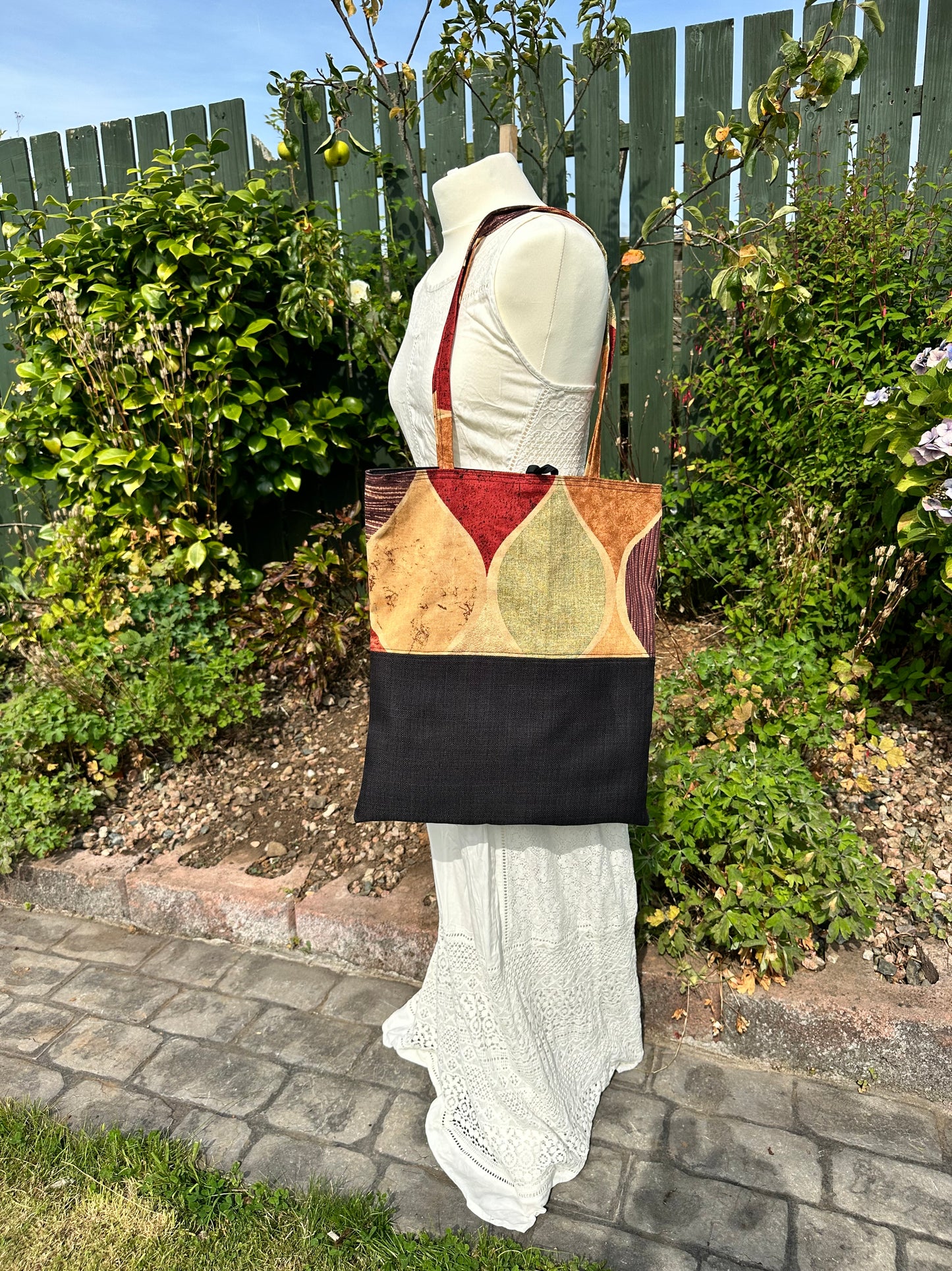 Handmade Black Cotton Tote Bag with Bold Autumnal Print