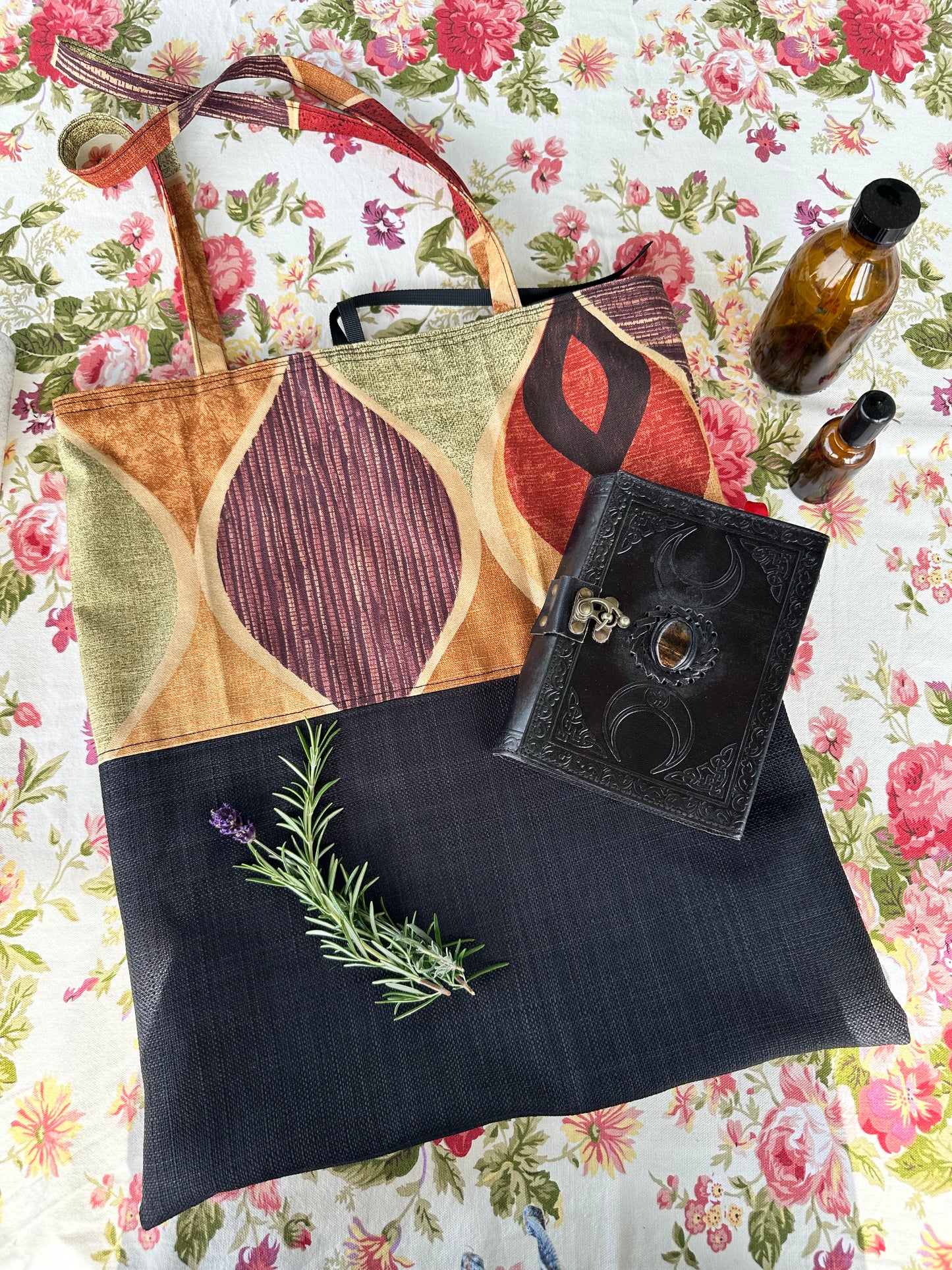 Handmade Black Cotton Tote Bag with Bold Autumnal Print