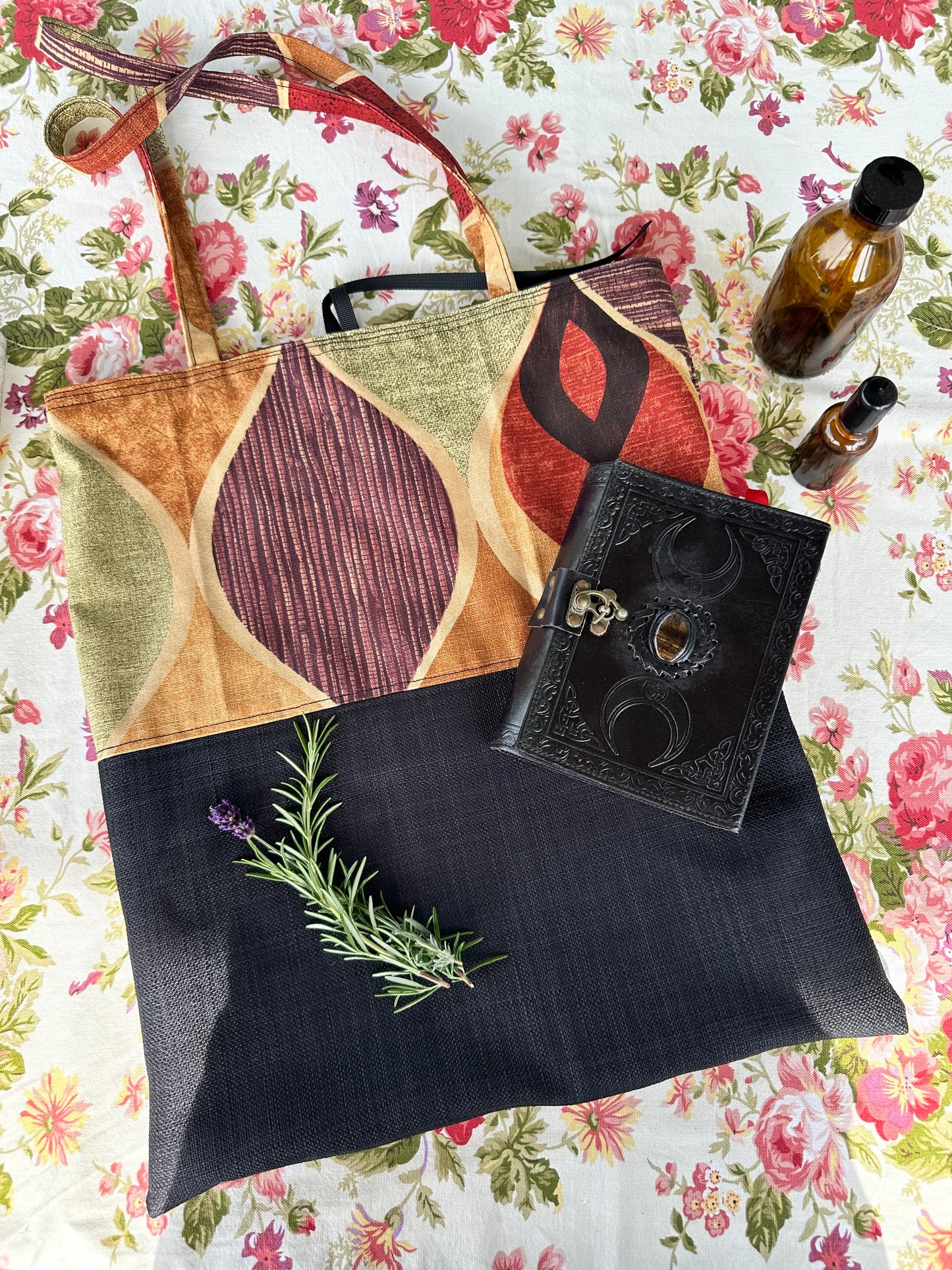 Handmade Black Cotton Tote Bag with Bold Autumnal Print