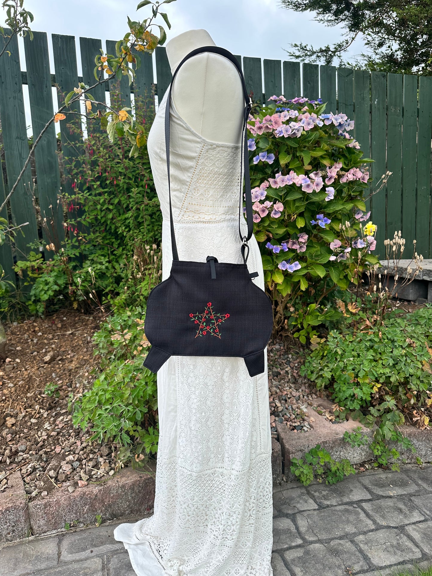 Small Black Cauldron Bag / Crossbody Purse  - Floral Pentagram Edition