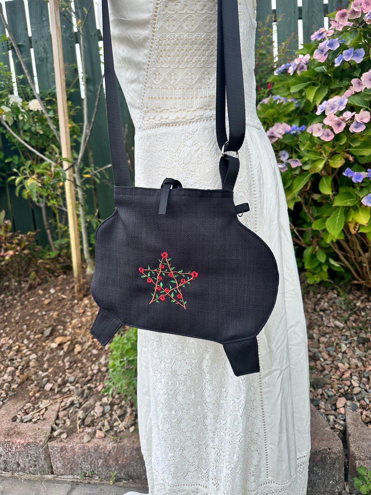 Small Black Cauldron Bag / Crossbody Purse  - Floral Pentagram Edition