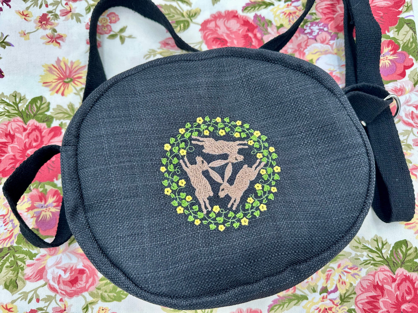 Triple Hare Embroidered Oval  Bag – Handmade with Adjustable Strap