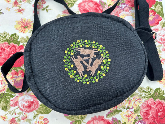 Triple Hare Embroidered Oval  Bag – Handmade with Adjustable Strap