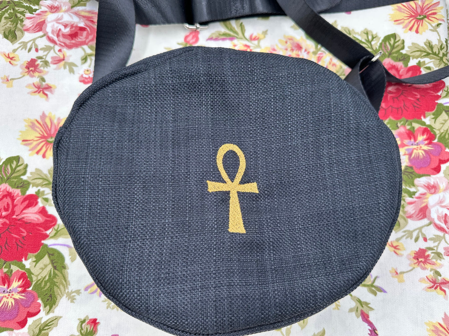Ankh Embroidered Oval  Bag – Handmade with Adjustable Strap