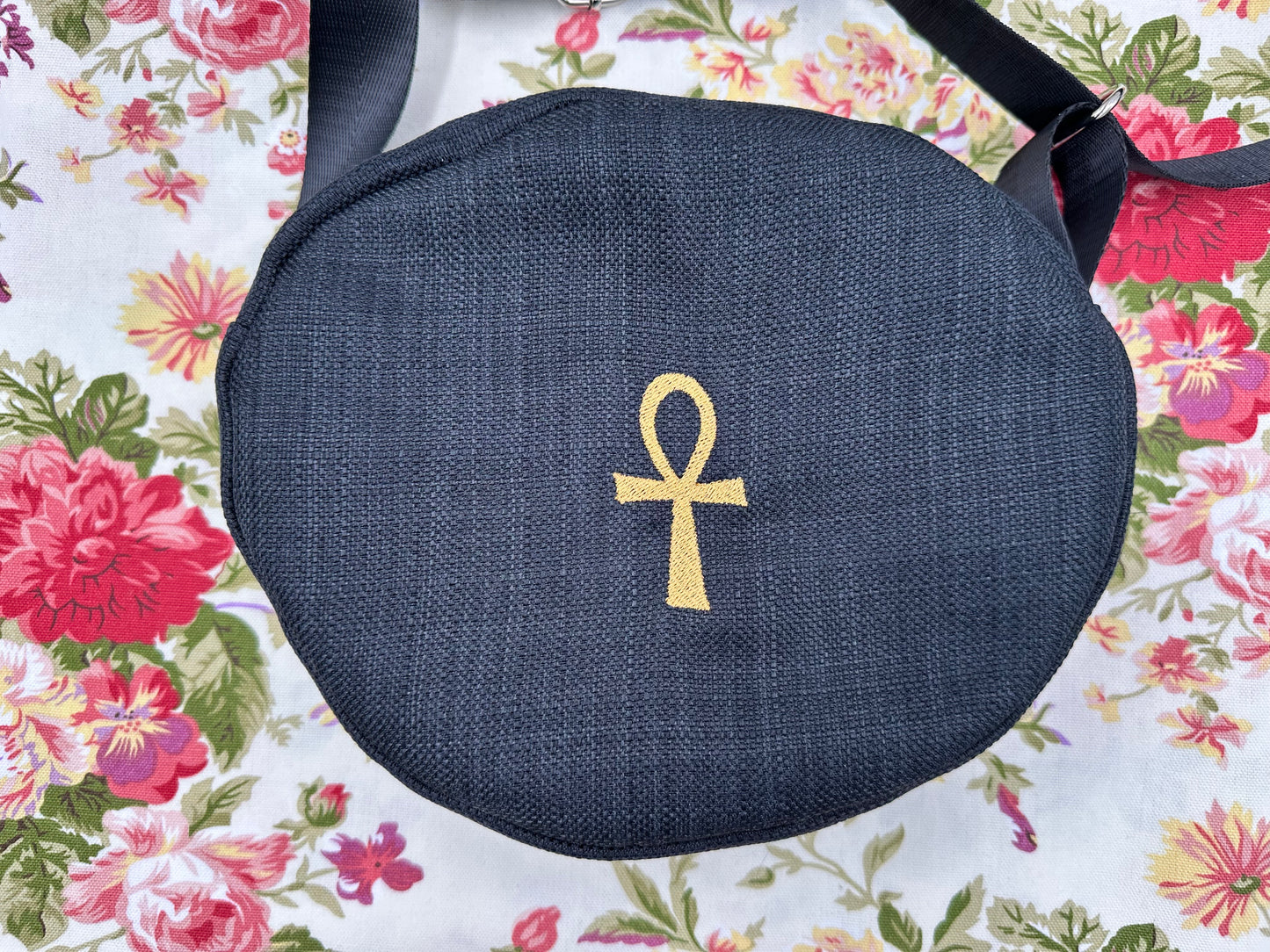 Ankh Embroidered Oval  Bag – Handmade with Adjustable Strap