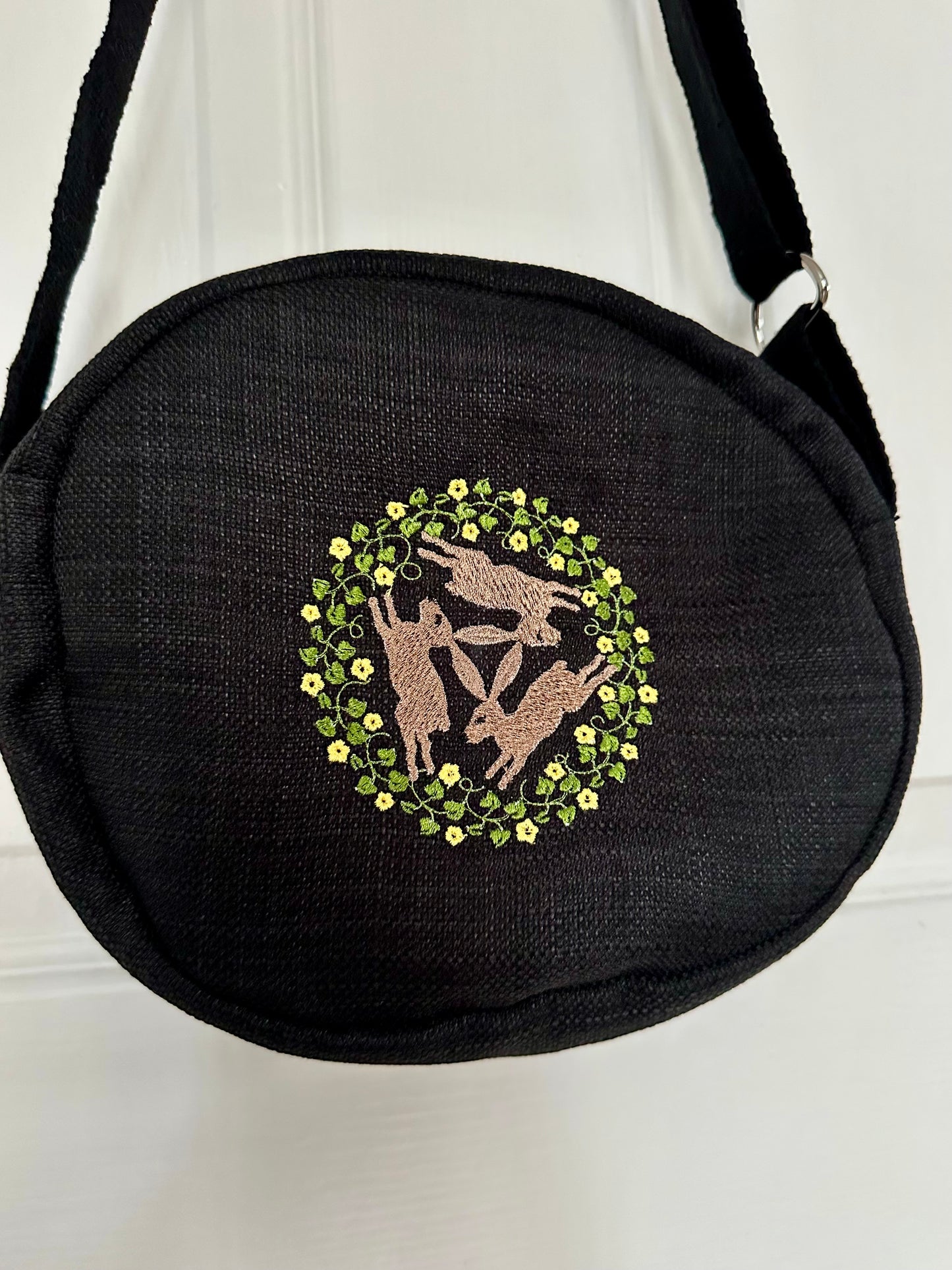Triple Hare Embroidered Oval  Bag – Handmade with Adjustable Strap