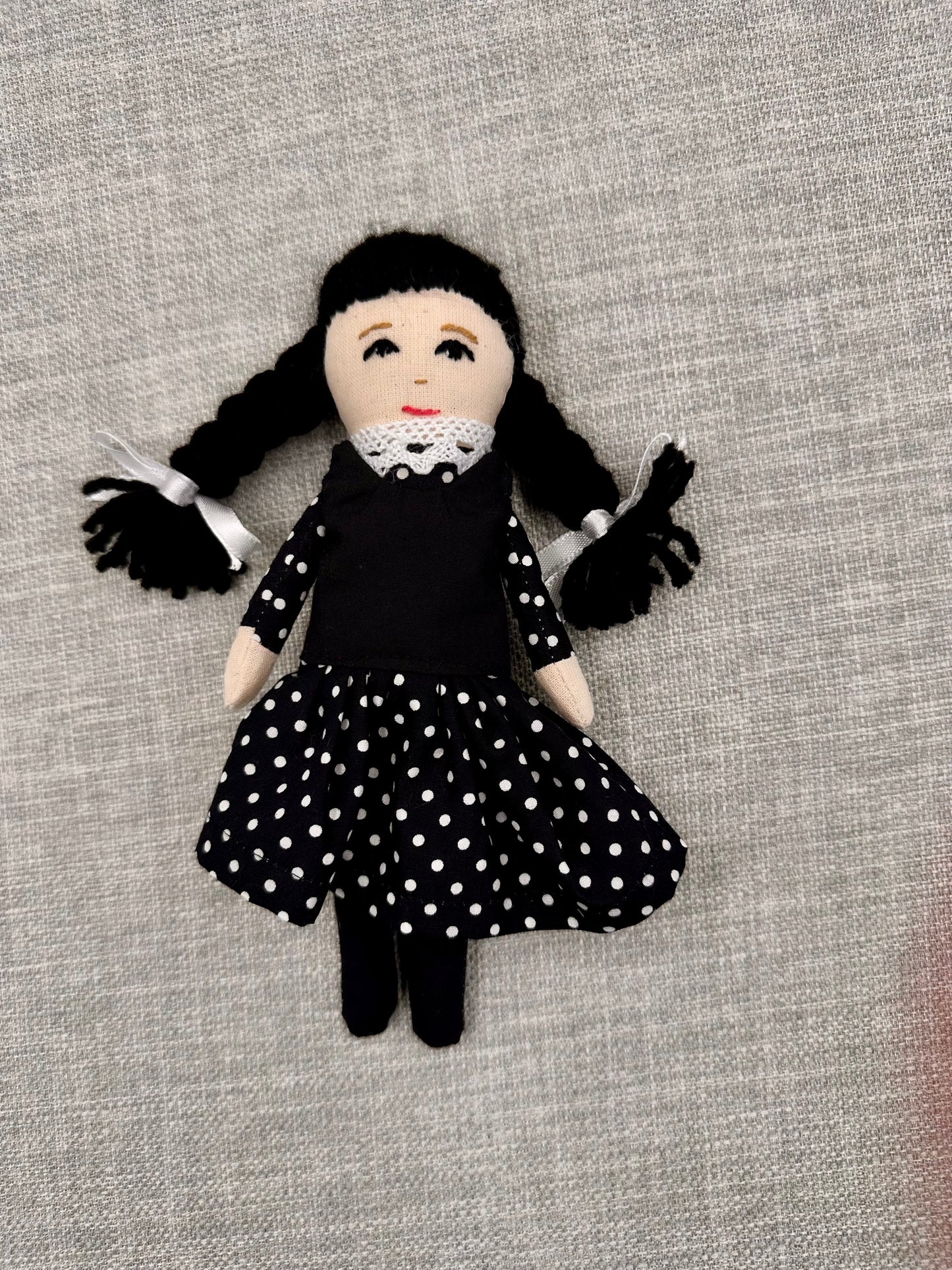 Mini Pocket Doll – Wednesday-Inspired Handmade Art Doll in Cotton & Linen