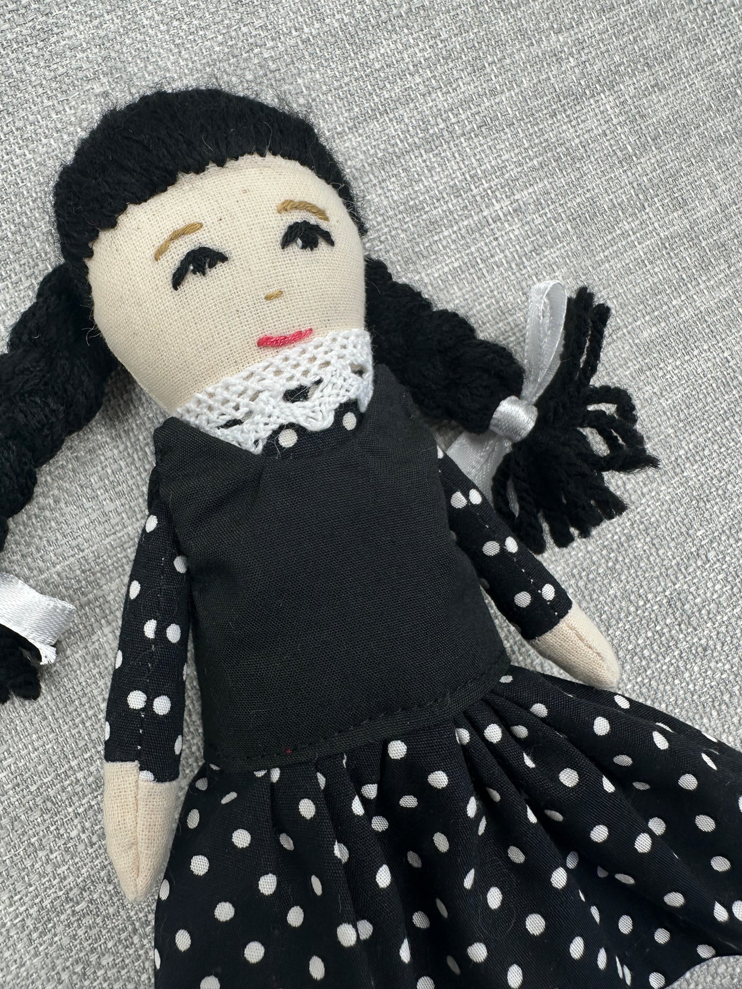 Mini Pocket Doll – Wednesday-Inspired Handmade Art Doll in Cotton & Linen