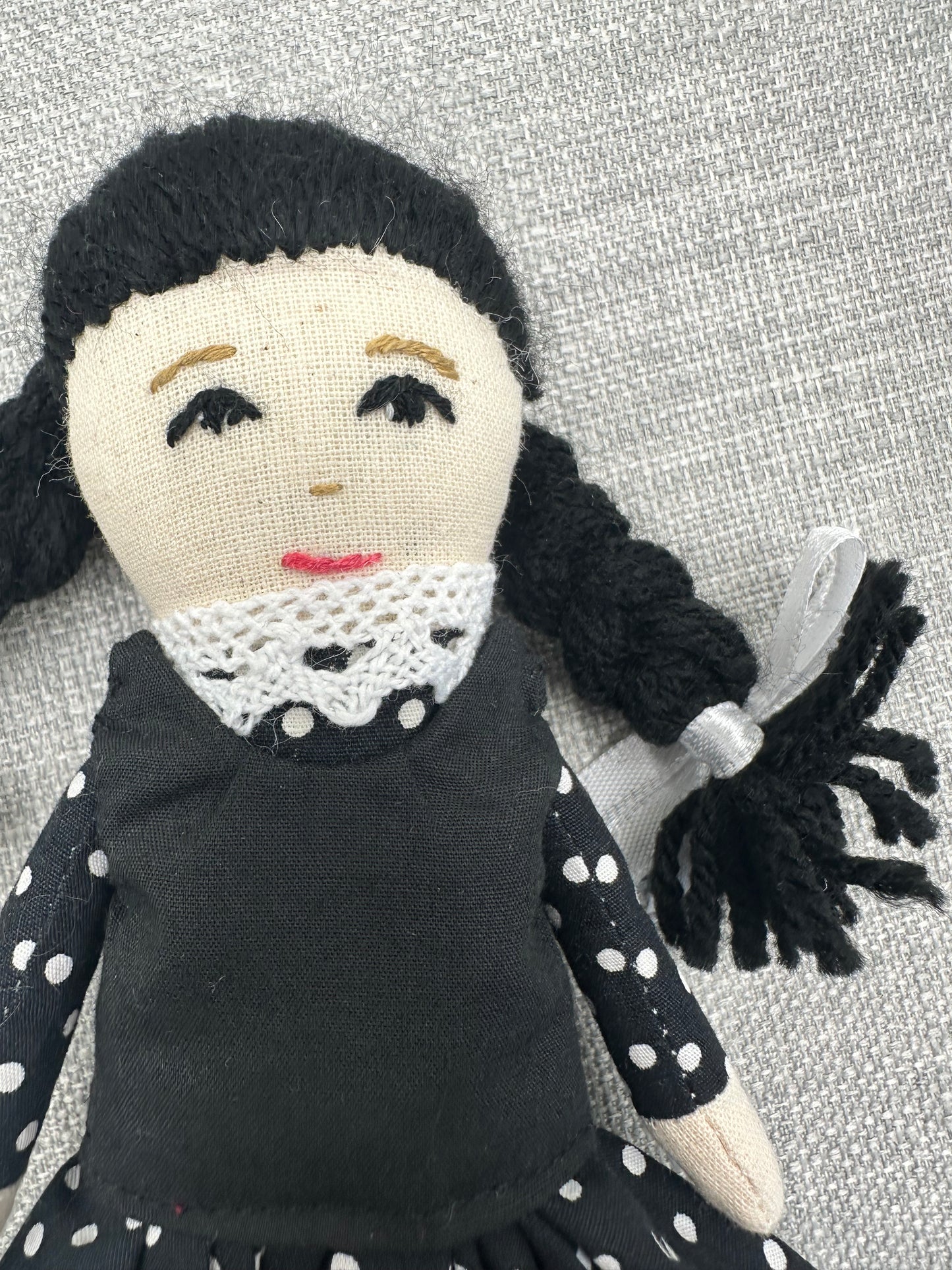 Mini Pocket Doll – Wednesday-Inspired Handmade Art Doll in Cotton & Linen