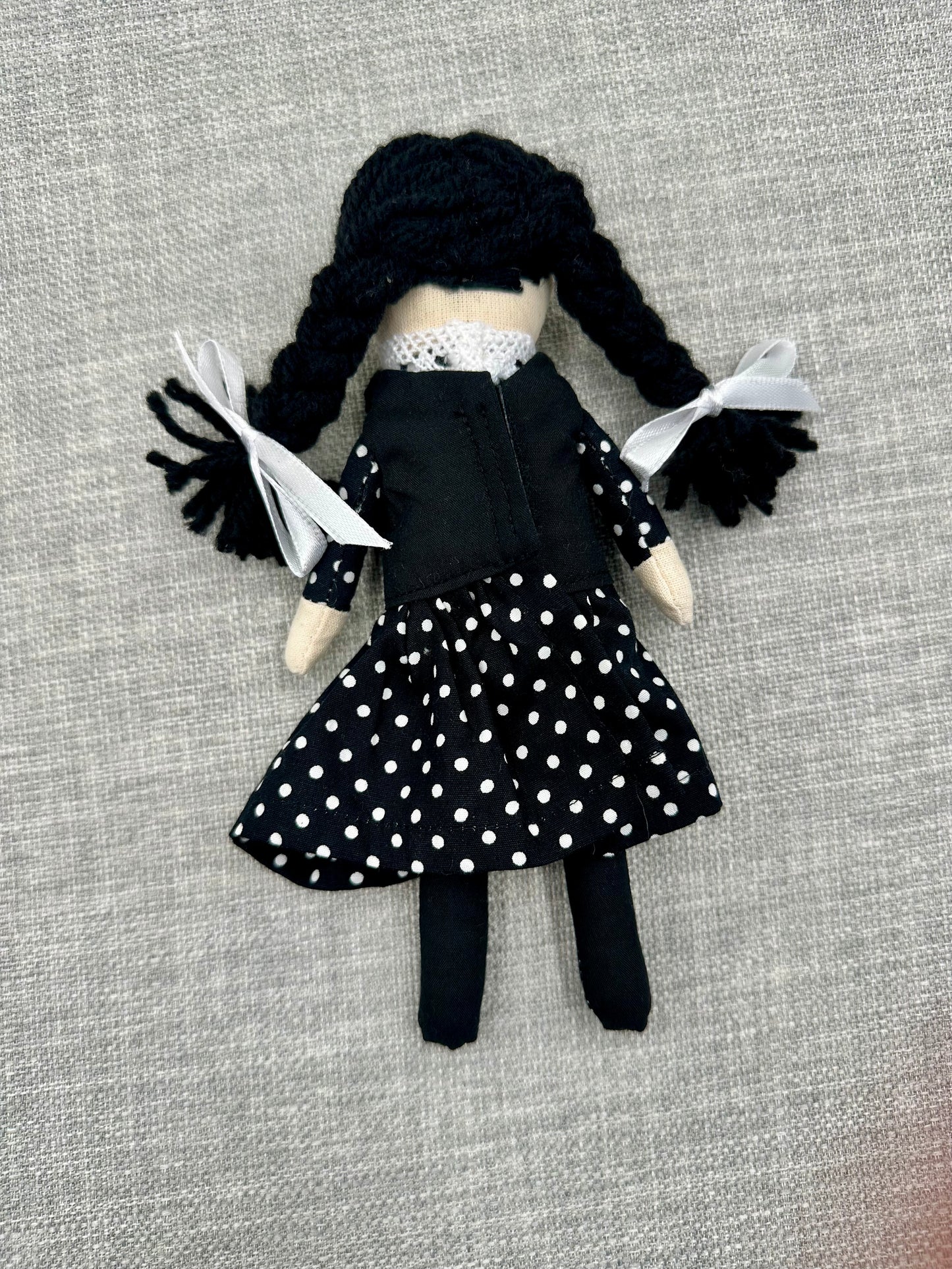 Mini Pocket Doll – Wednesday-Inspired Handmade Art Doll in Cotton & Linen