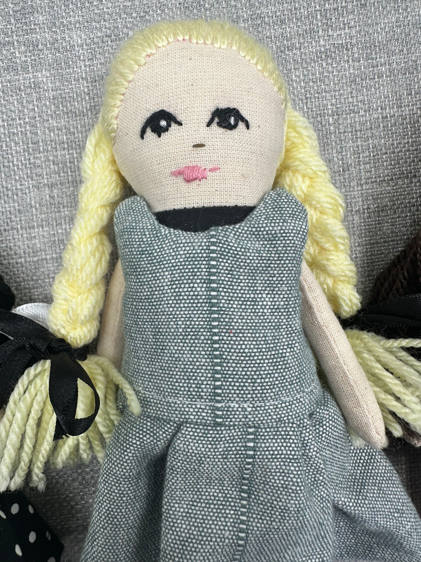 Mini Handmade Art Doll with Blonde Wool Braids – Pocket Companion in Cotton & Linen