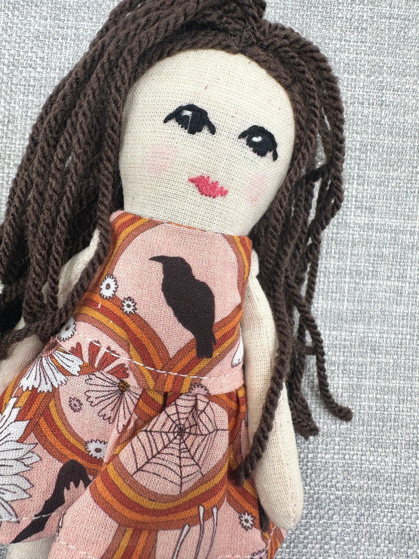 Handmade Raven Mini- Art Doll – Pocket Companion in Cotton & Linen