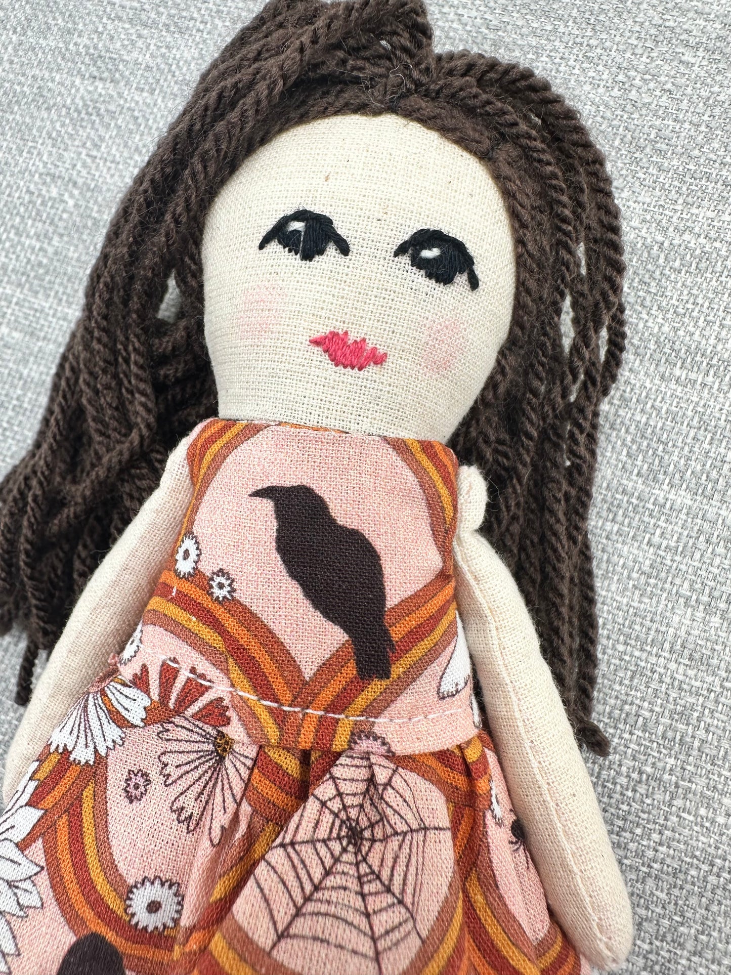 Handmade Raven Mini- Art Doll – Pocket Companion in Cotton & Linen