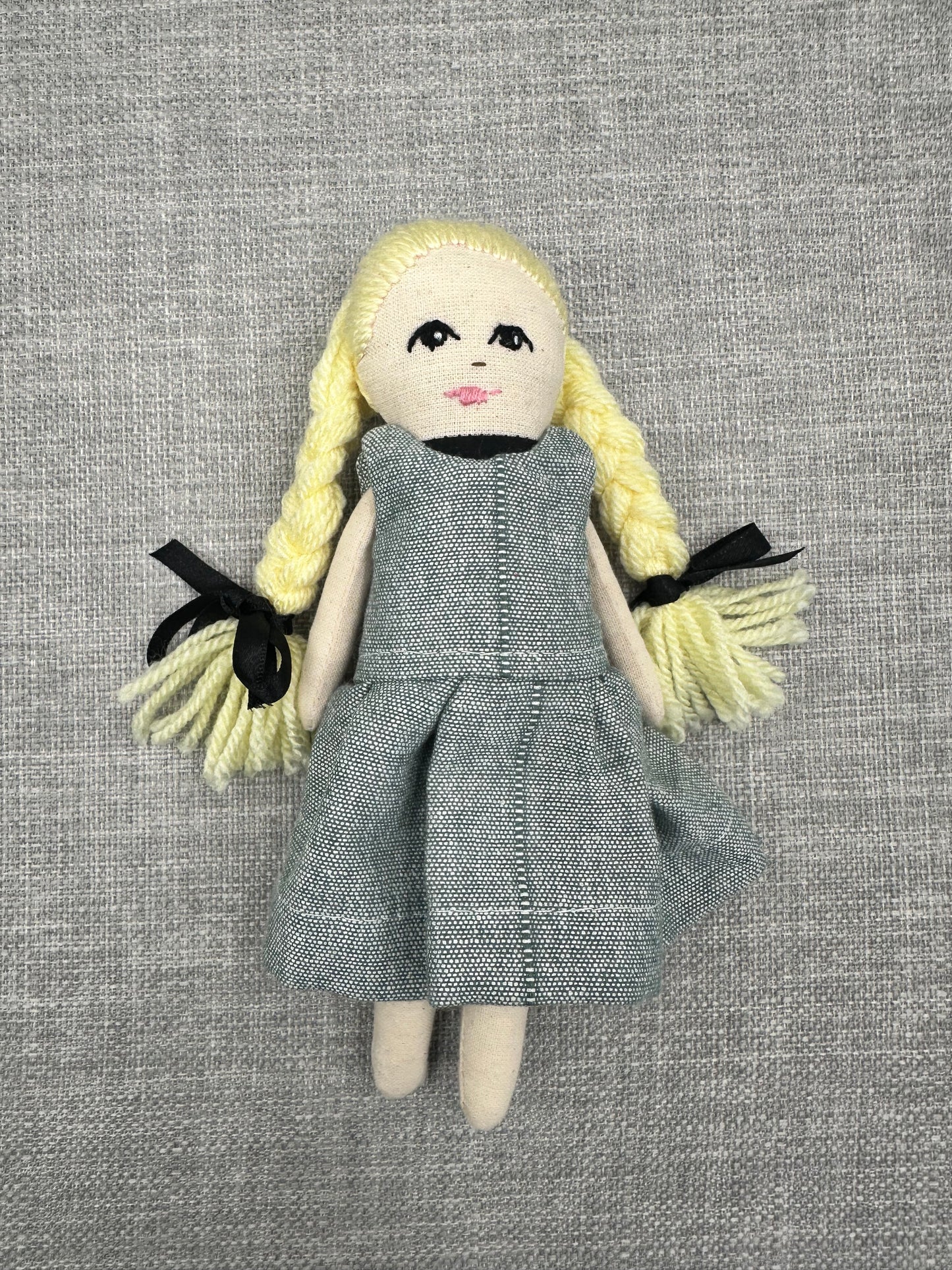 Mini Handmade Art Doll with Blonde Wool Braids – Pocket Companion in Cotton & Linen