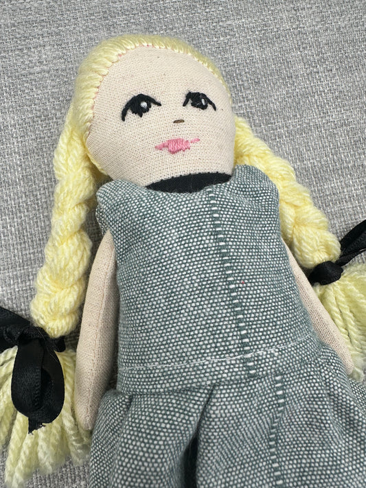 Mini Handmade Art Doll with Blonde Wool Braids – Pocket Companion in Cotton & Linen