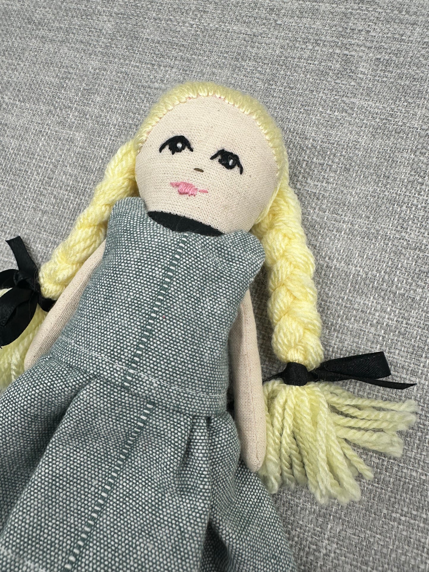 Mini Handmade Art Doll with Blonde Wool Braids – Pocket Companion in Cotton & Linen