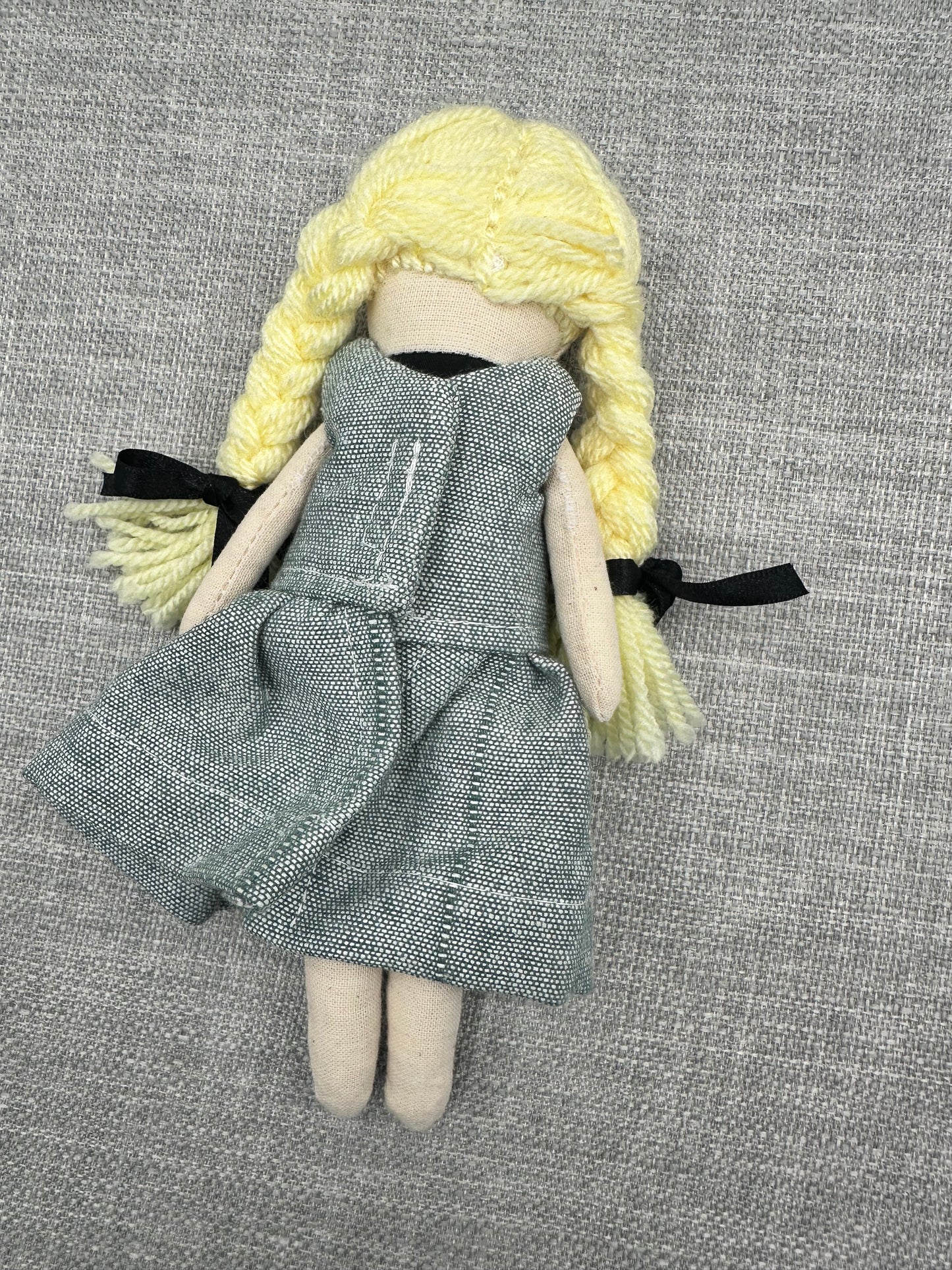 Mini Handmade Art Doll with Blonde Wool Braids – Pocket Companion in Cotton & Linen